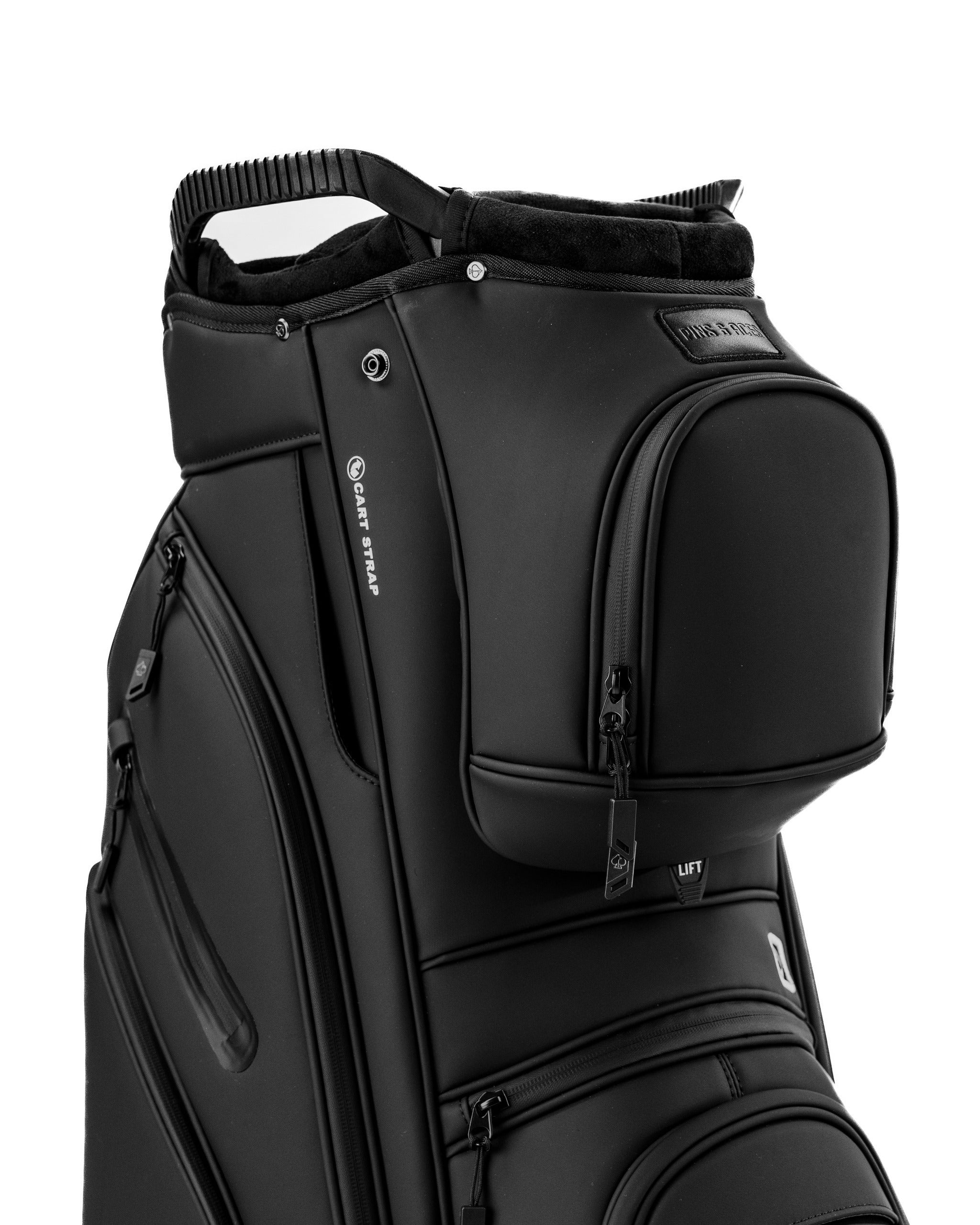 Sleek black Player Preferred™ cart bag featuring multiple pockets and a padded top for golf club protection.