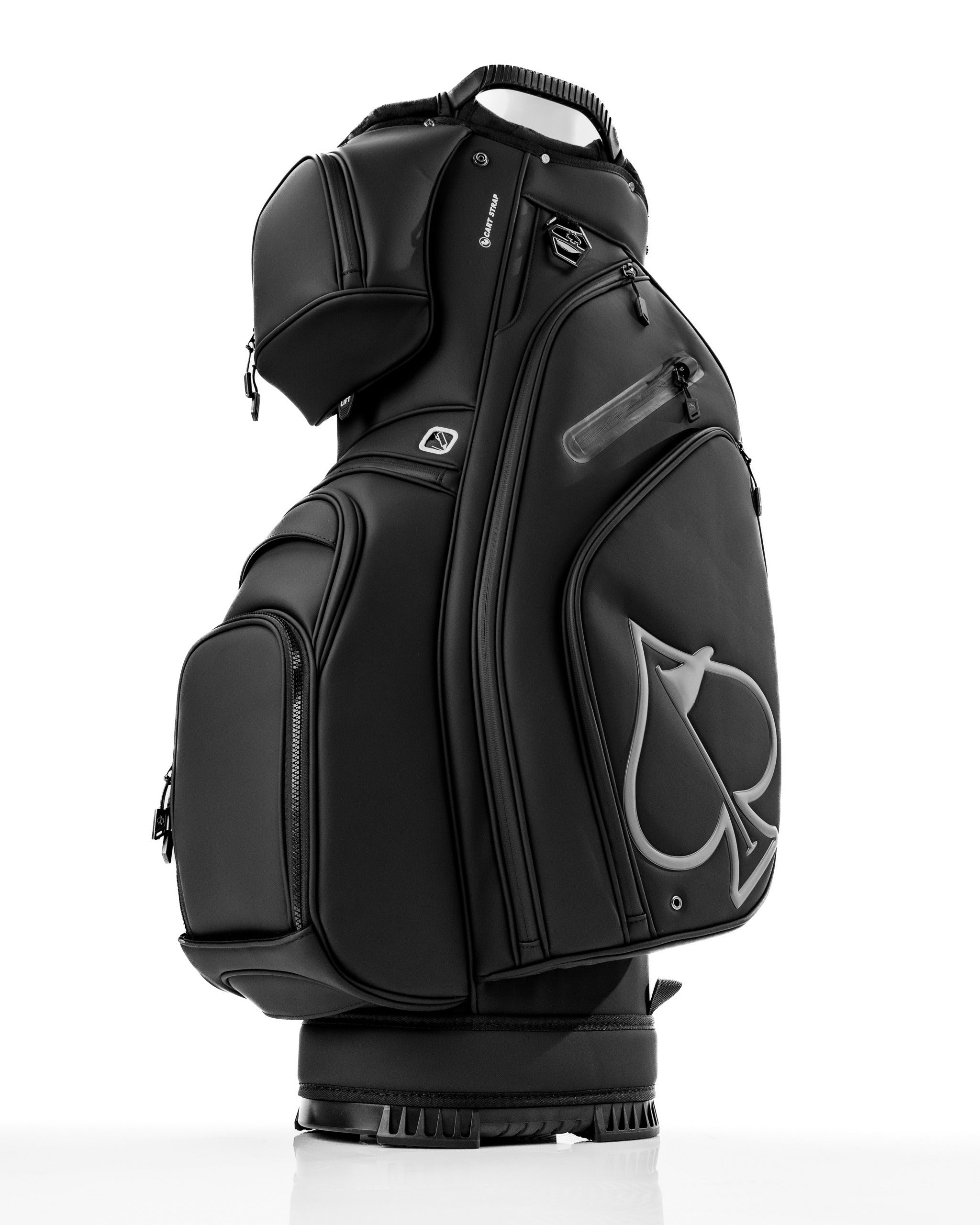 Sleek black Player Preferred™ cart bag featuring multiple pockets and a stylish spade logo, designed for golfers.