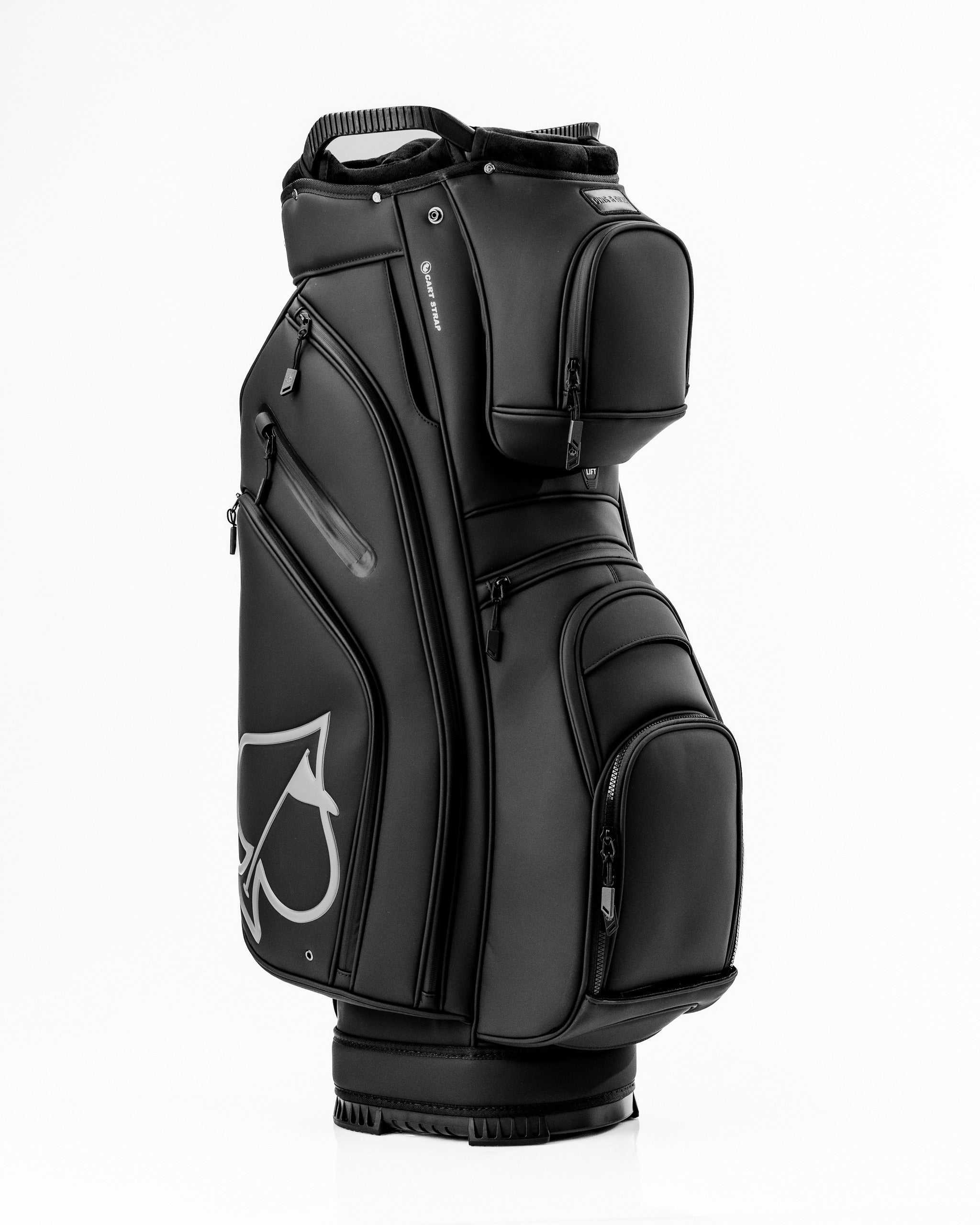 Sleek black Player Preferred™ cart bag featuring multiple pockets and a stylish design for golfers seeking functionality and style.