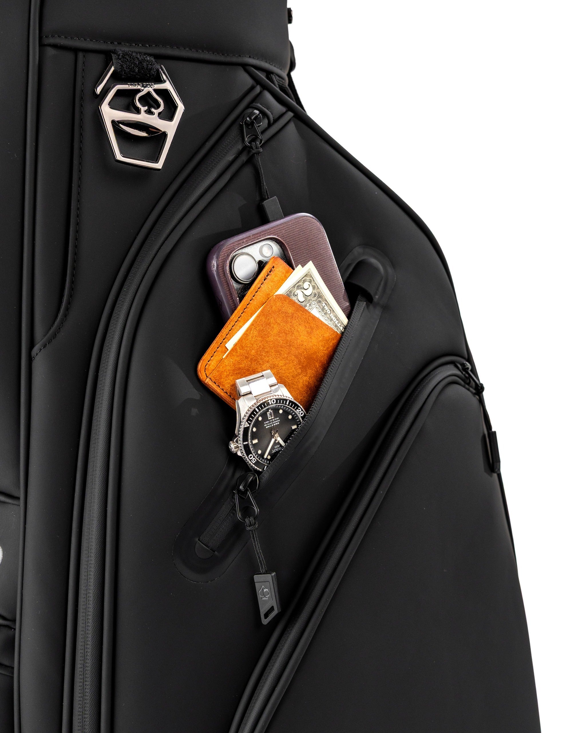 Black Player Preferred™ Cart Bag featuring a zippered pocket with a phone, wallet, and watch for convenient storage.