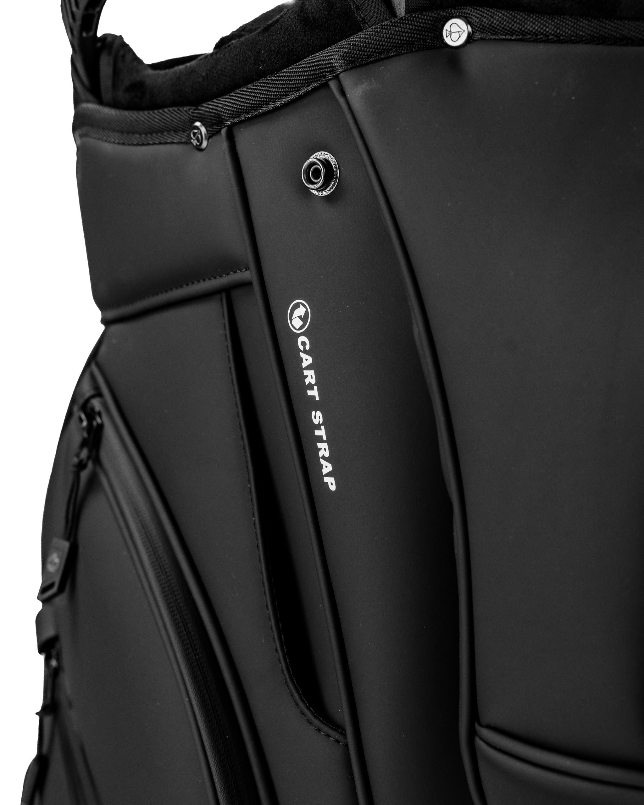 Close-up of the Player Preferred™ Cart Bag in black, highlighting the cart strap and sleek design for golfers.