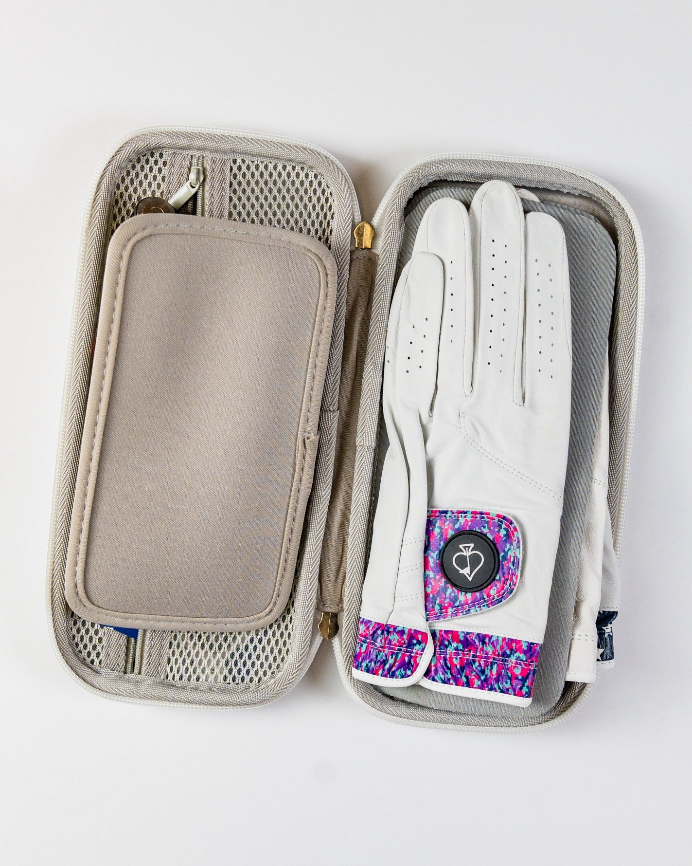 Gray glove and accessory caddie featuring a zippered compartment and a pair of white golf gloves with colorful accents.