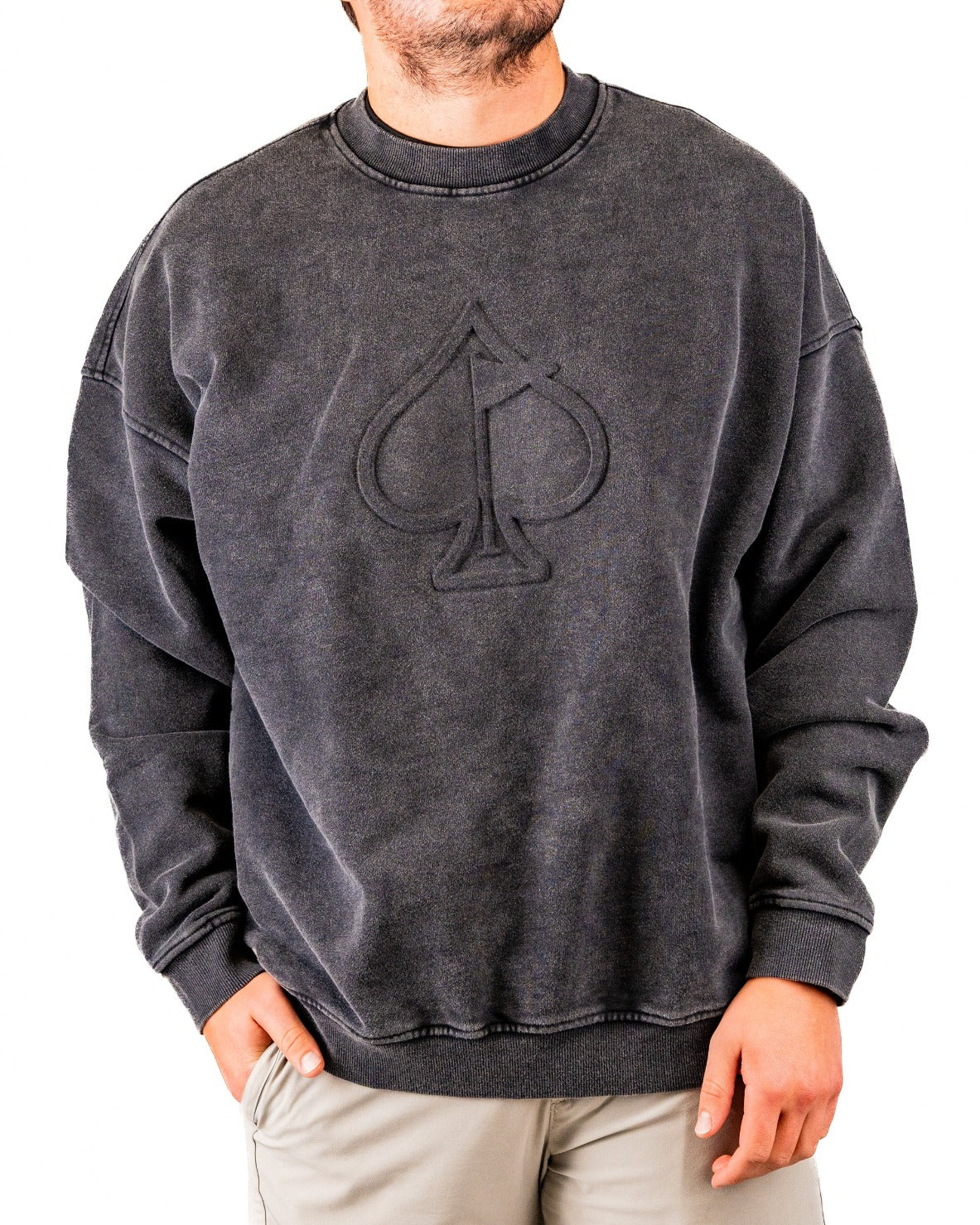 Men's washed charcoal crewneck sweatshirt featuring an embossed spade logo, perfect for stylish golf outings.