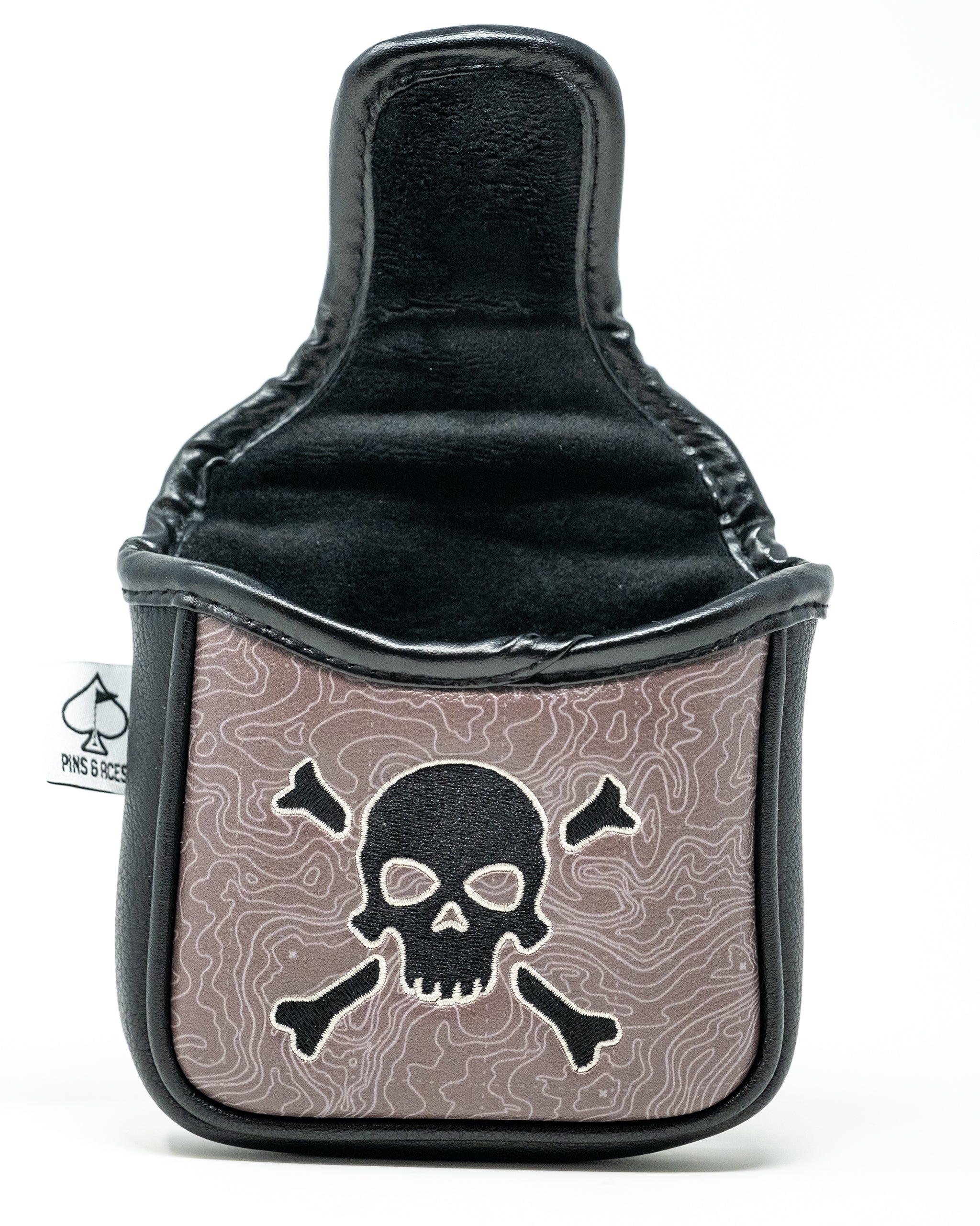 Black and gray golf headcover with a skull and crossbones design, bold style for standout golfers.