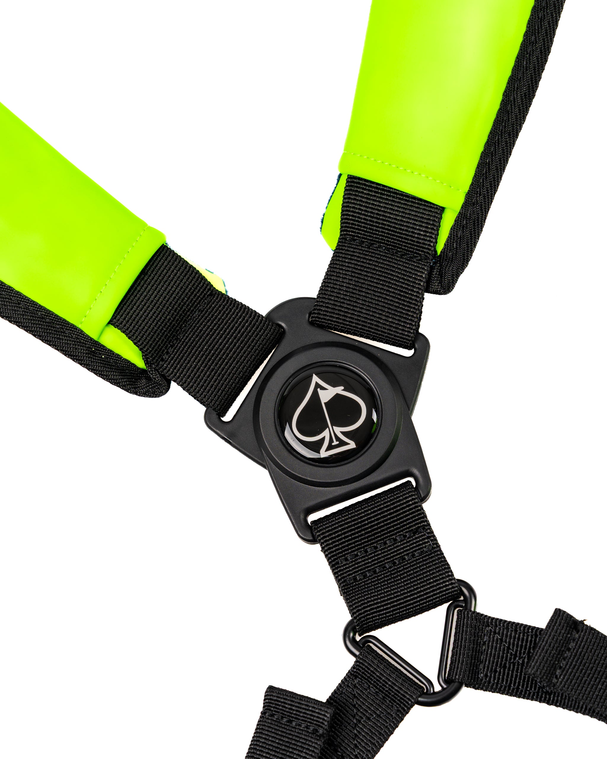 Close-up of the Player Preferred Golf Bag straps in Electric Tide, featuring vibrant green padding and durable black webbing.