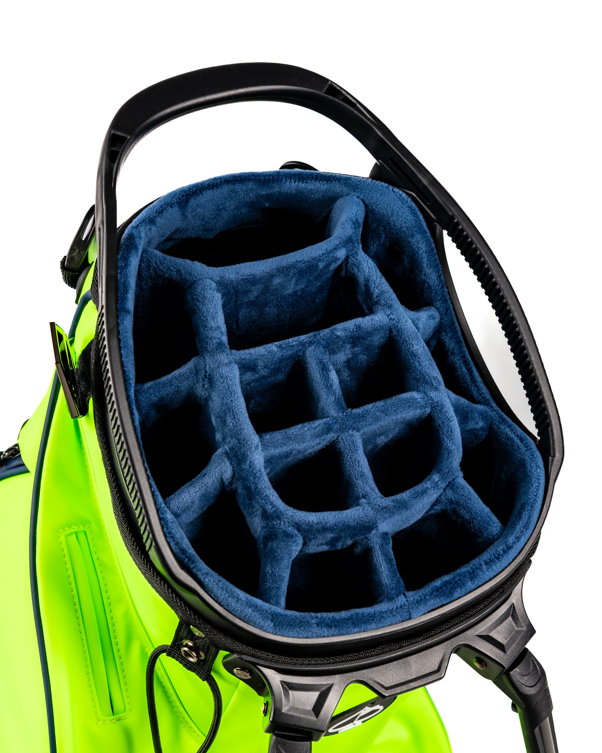 Top view of the Player Preferred Golf Bag in Electric Tide, featuring a spacious, plush-lined club compartment.