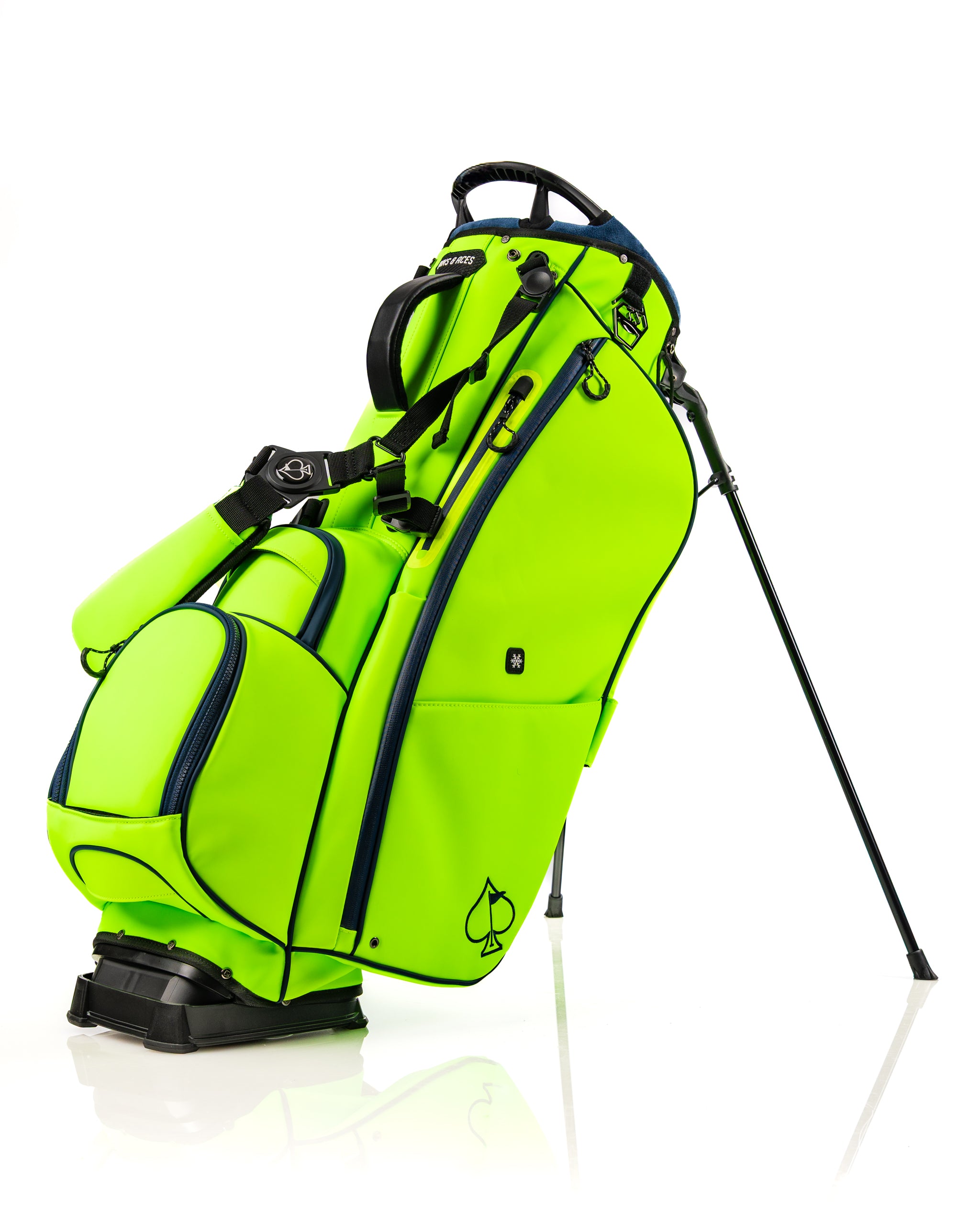 Bright electric tide golf bag with a sleek design, featuring multiple pockets and a stand for easy access on the course.