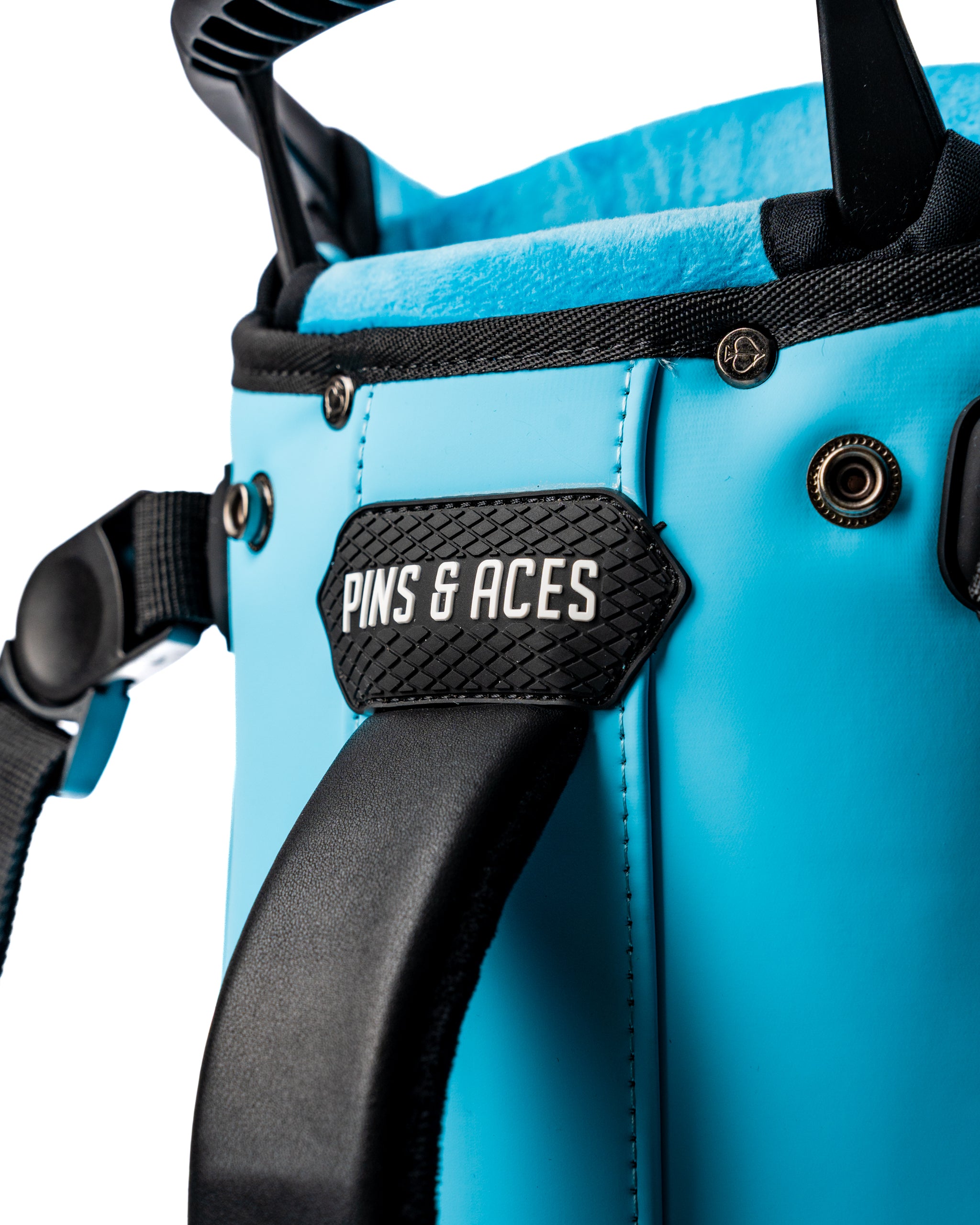 Close-up of the Player Preferred Golf Bag in Glacier, featuring a vibrant blue design and durable straps.