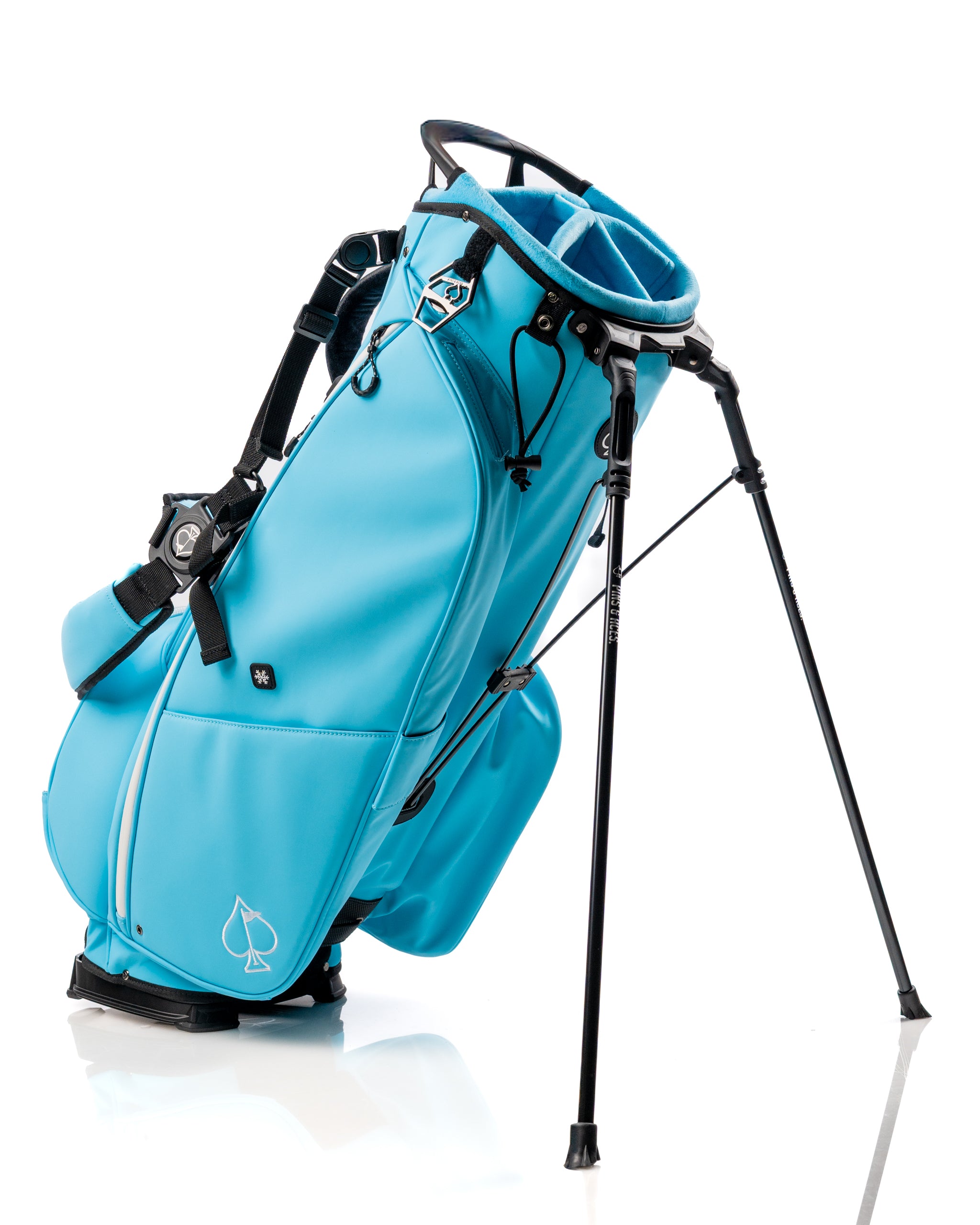 Light blue Player Preferred Golf Bag with a stand, featuring multiple pockets and a sleek design for stylish golfers.