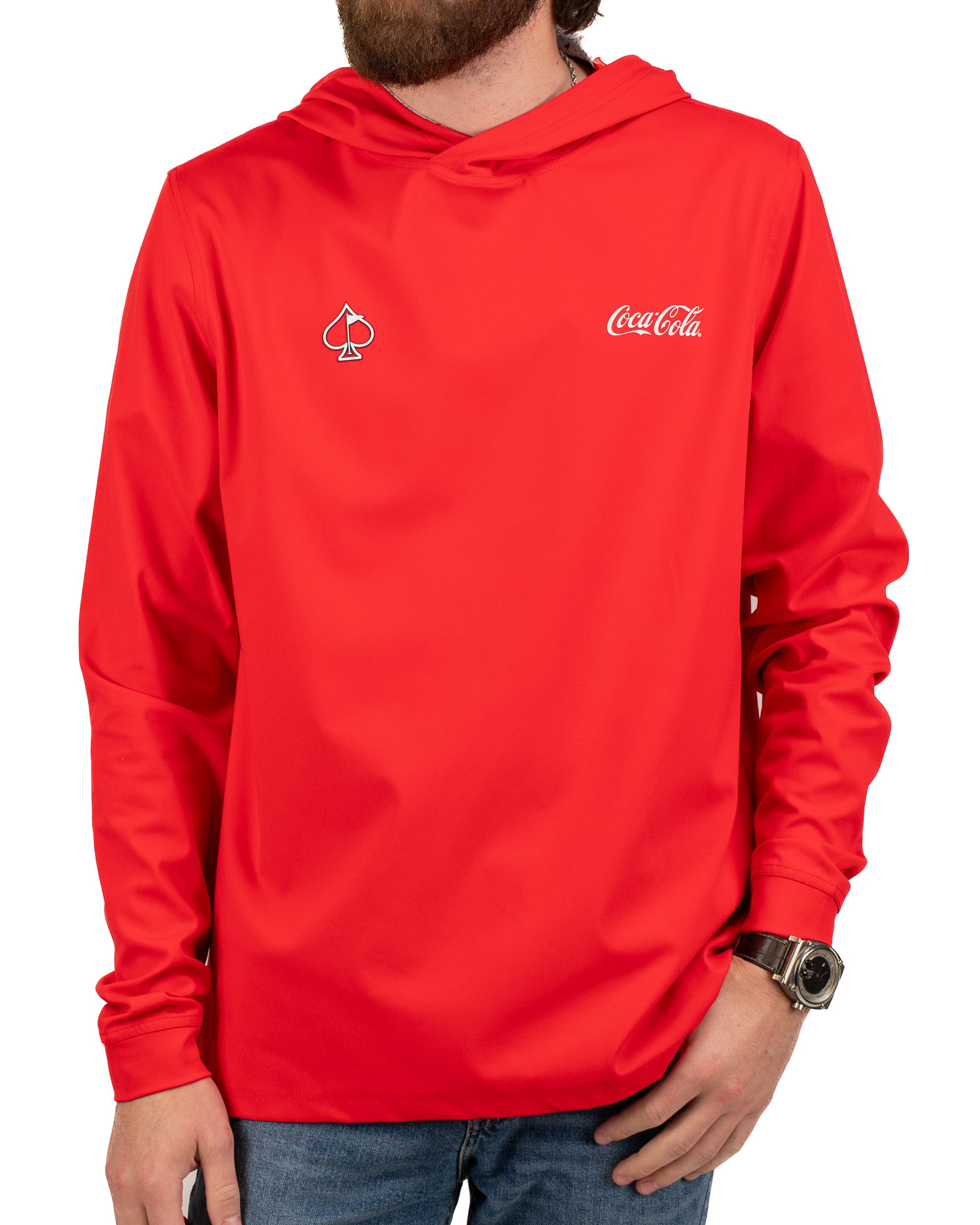 Men's performance golf hoodie in Coca-Cola red featuring a spade logo, perfect for stylish golfers on the course.