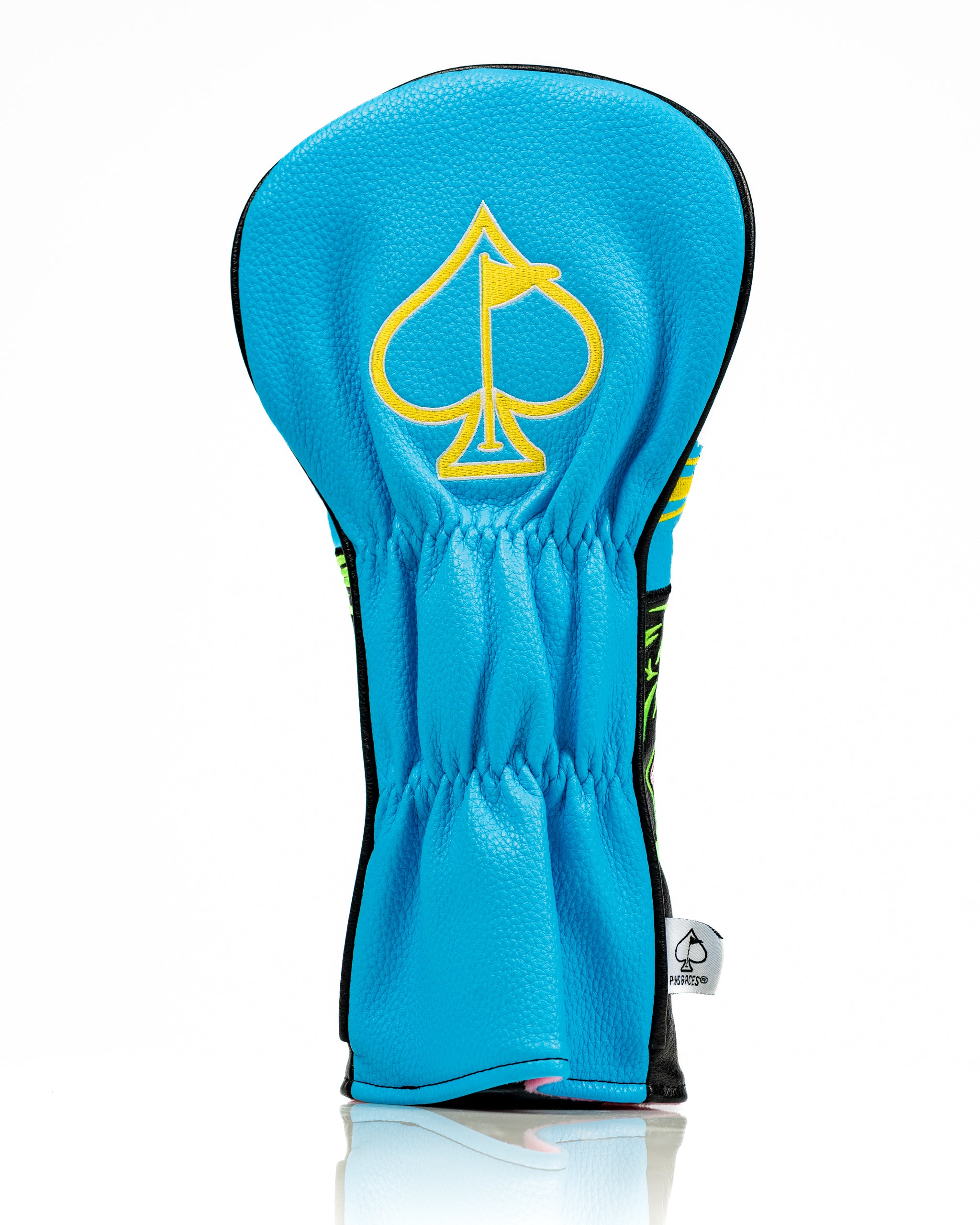 Bold blue driver cover featuring a yellow spade logo, designed for golfers who want to stand out on the course.