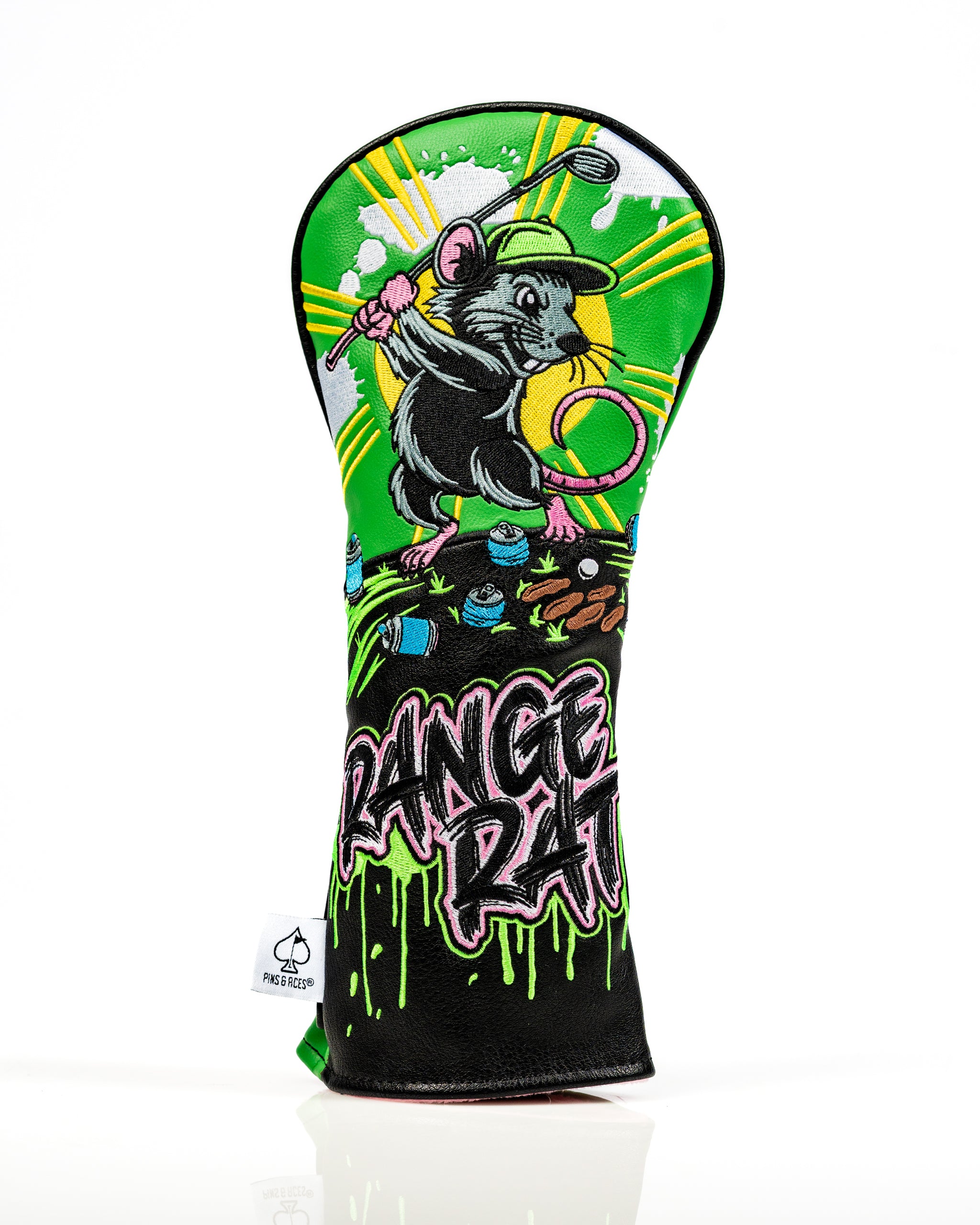Bold fairway cover featuring a cartoon mouse with a golf club, vibrant colors, and "RANGE RAT" text for unique style.