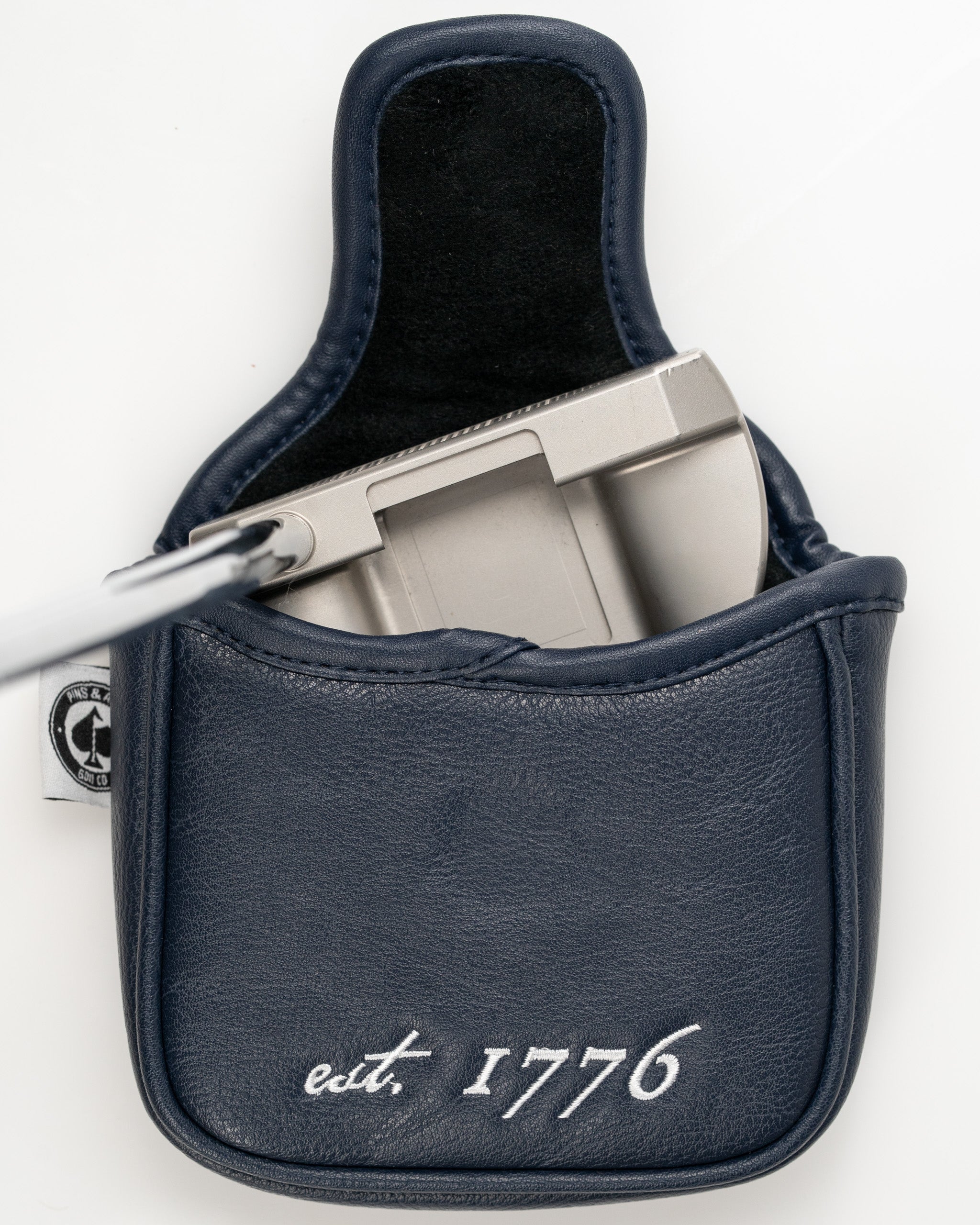 South Carolina State Flag mallet putter cover in navy blue with "est. 1776" embroidered, showcasing a sleek design for golfers.
