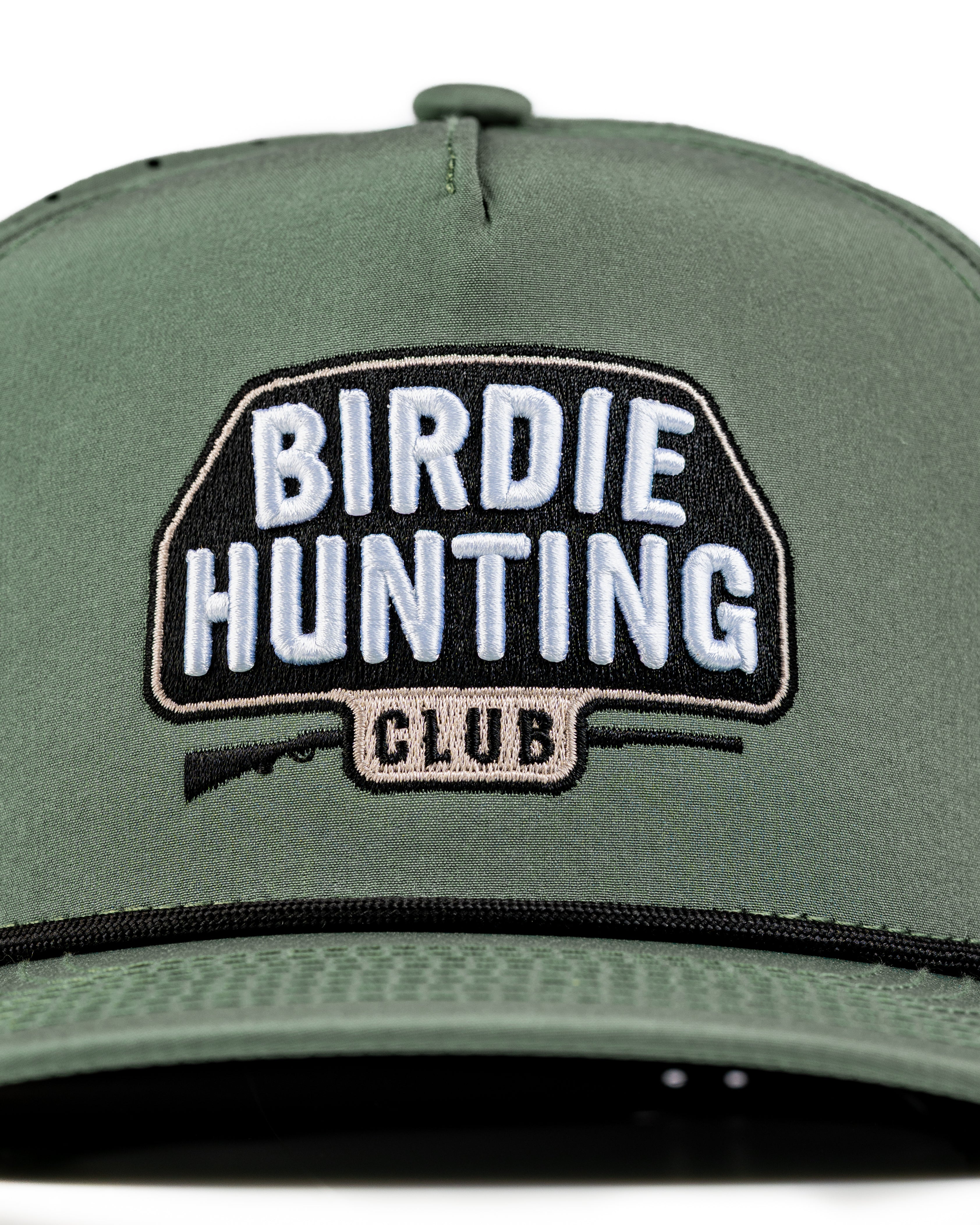 Perforated green rope hat featuring "Birdie Hunting Club" embroidered logo for stylish golfers.