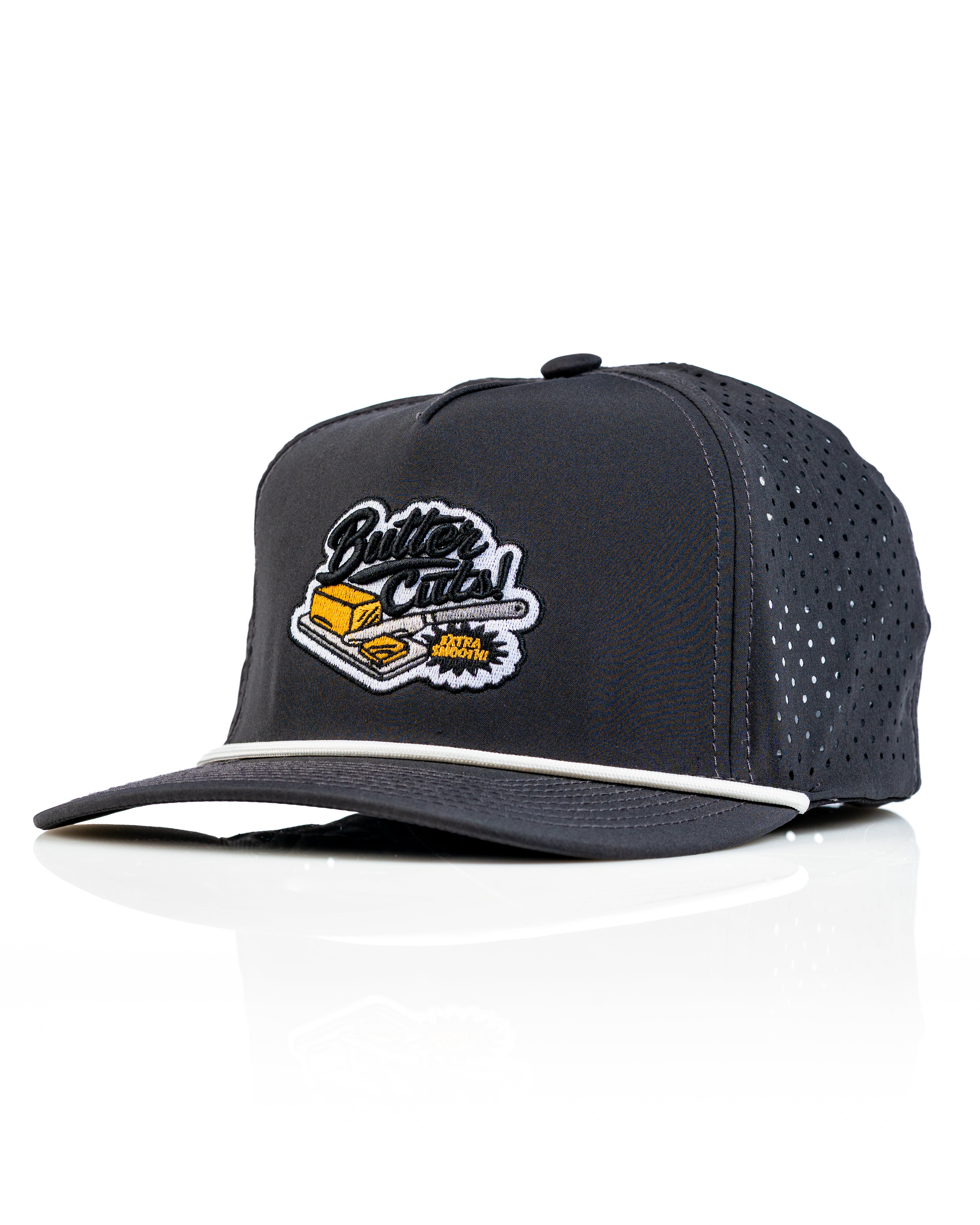 Perforated Rope Hat in black featuring a "Butter Cut" logo, designed for stylish golfers seeking unique headwear.