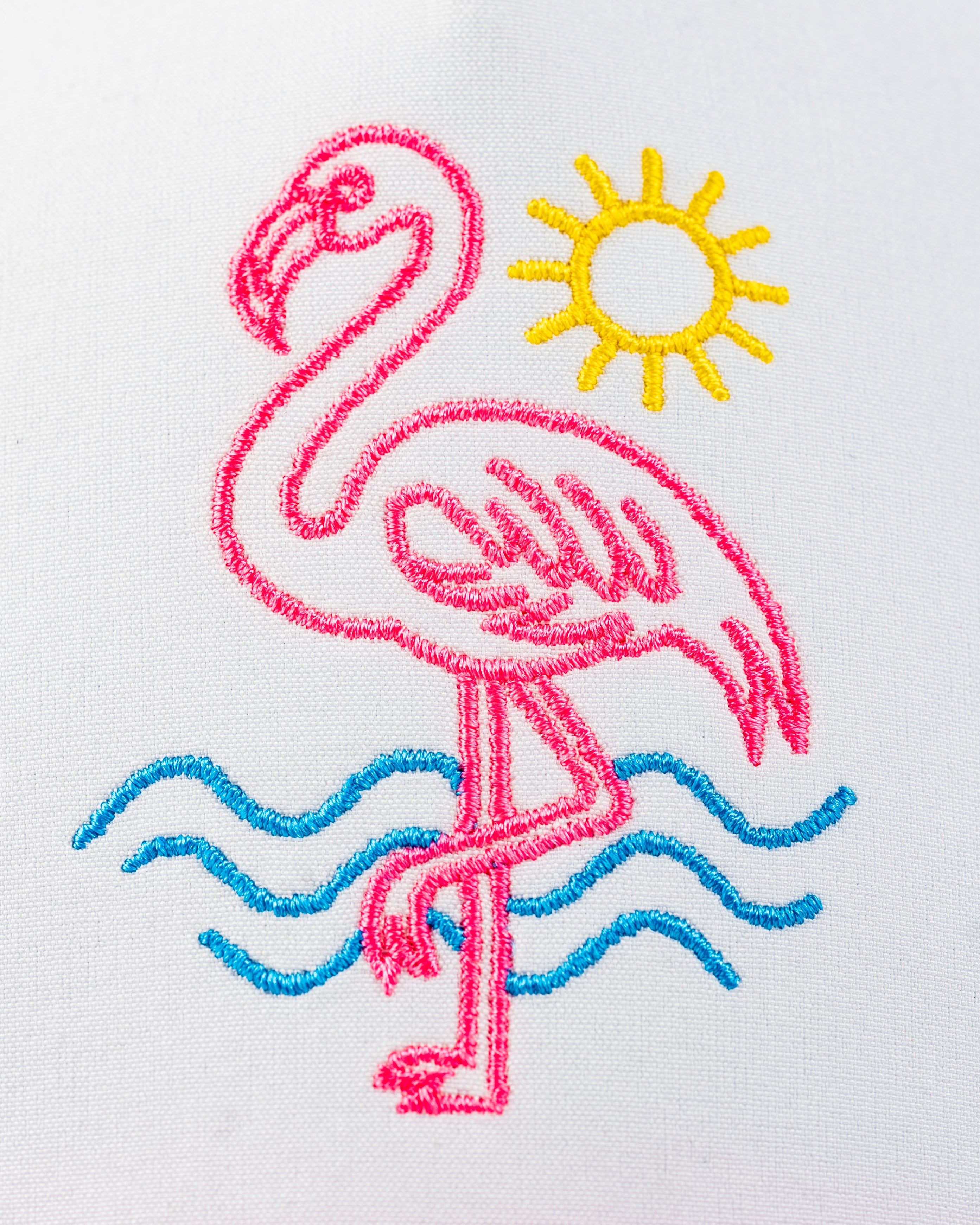 Perforated rope hat featuring a vibrant pink flamingo design with waves and a sun, perfect for stylish golfers.