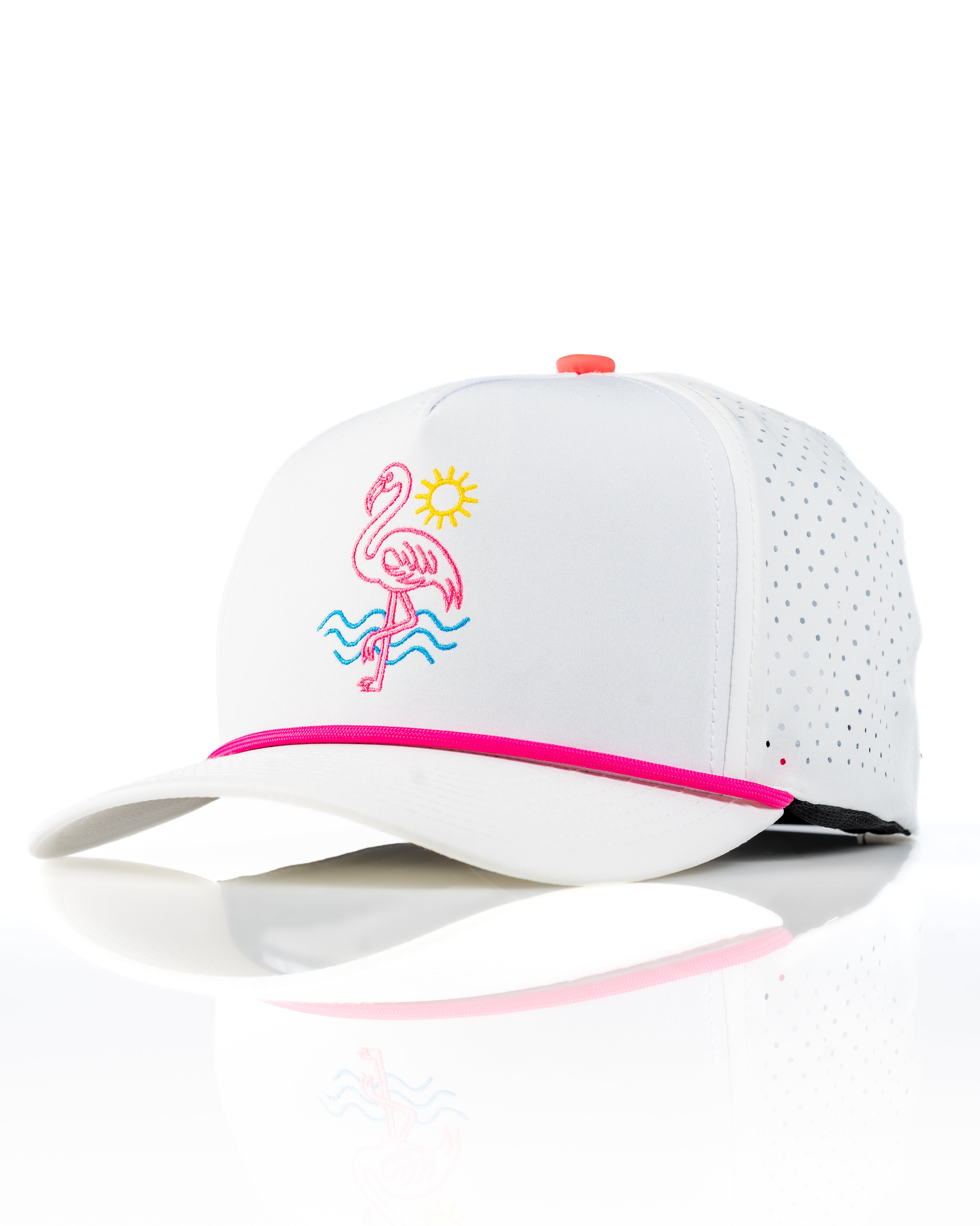 Perforated white rope hat featuring a pink flamingo design and sun, ideal for stylish golfers seeking unique accessories.