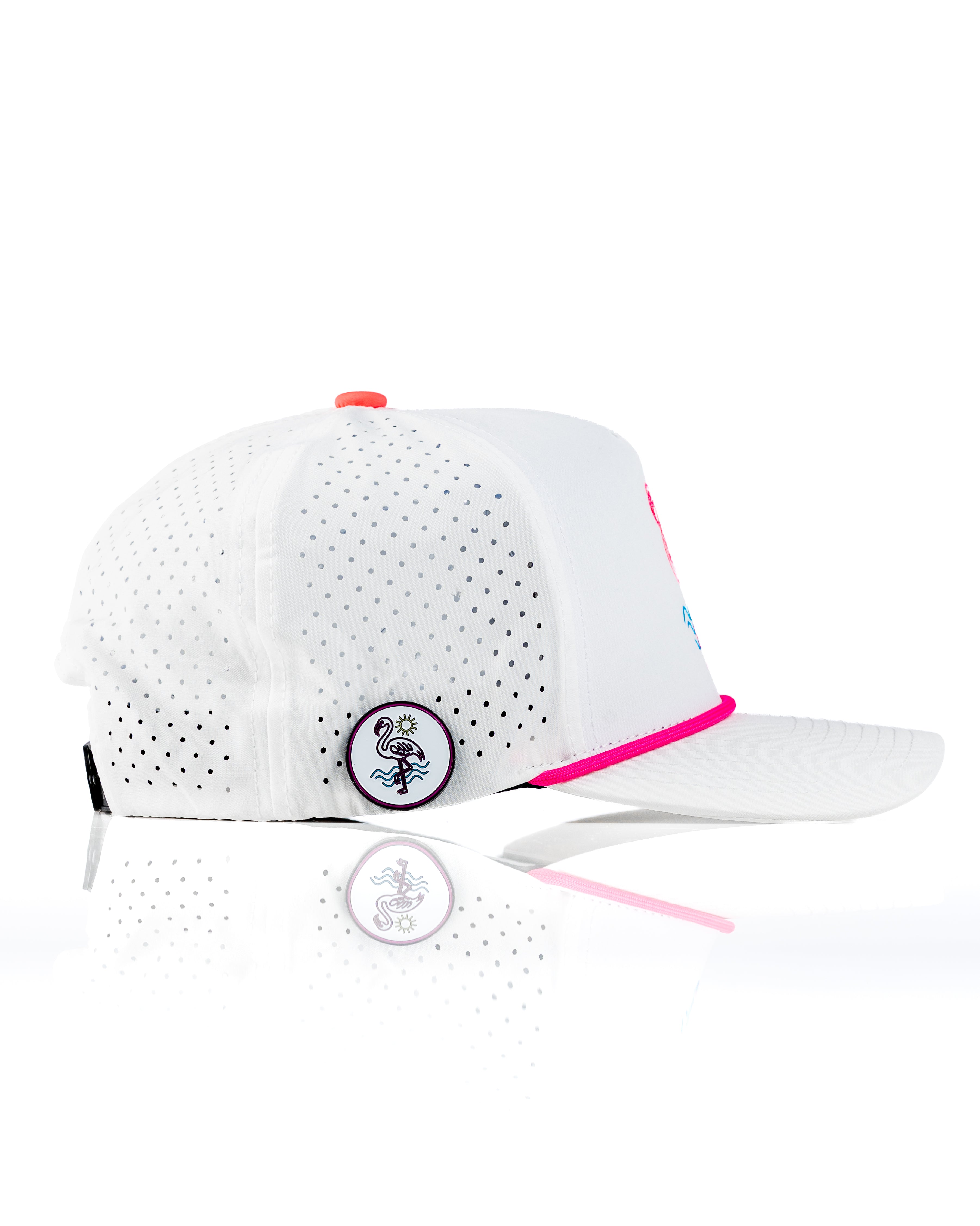Perforated white rope hat with flamingo design and colorful accents, ideal for stylish golfers.
