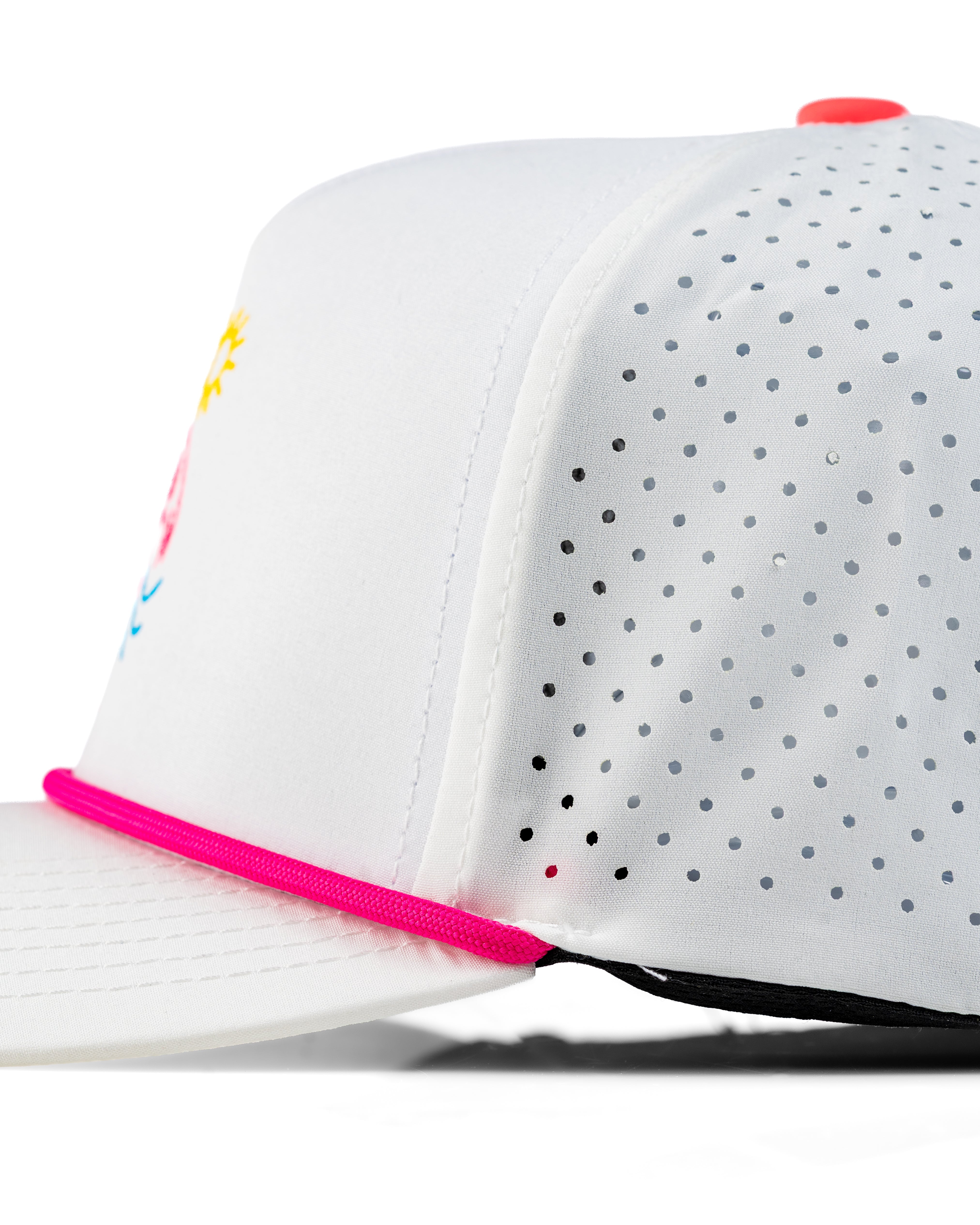 Perforated white rope hat featuring a flamingo design and vibrant pink accents, ideal for stylish golfers.