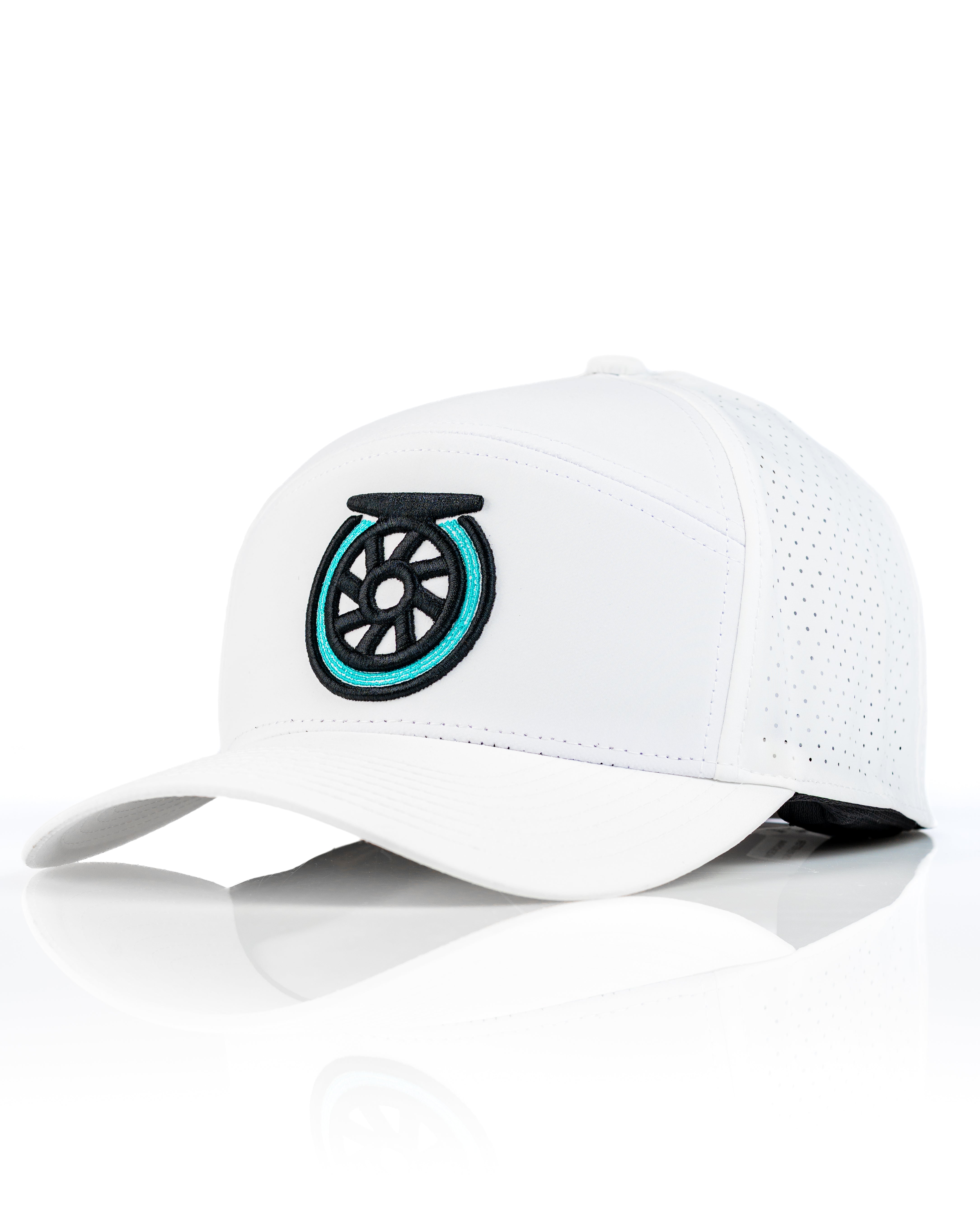 White Tradesman Hat featuring a bold reel logo in black and teal, designed for stylish golfers seeking standout accessories.