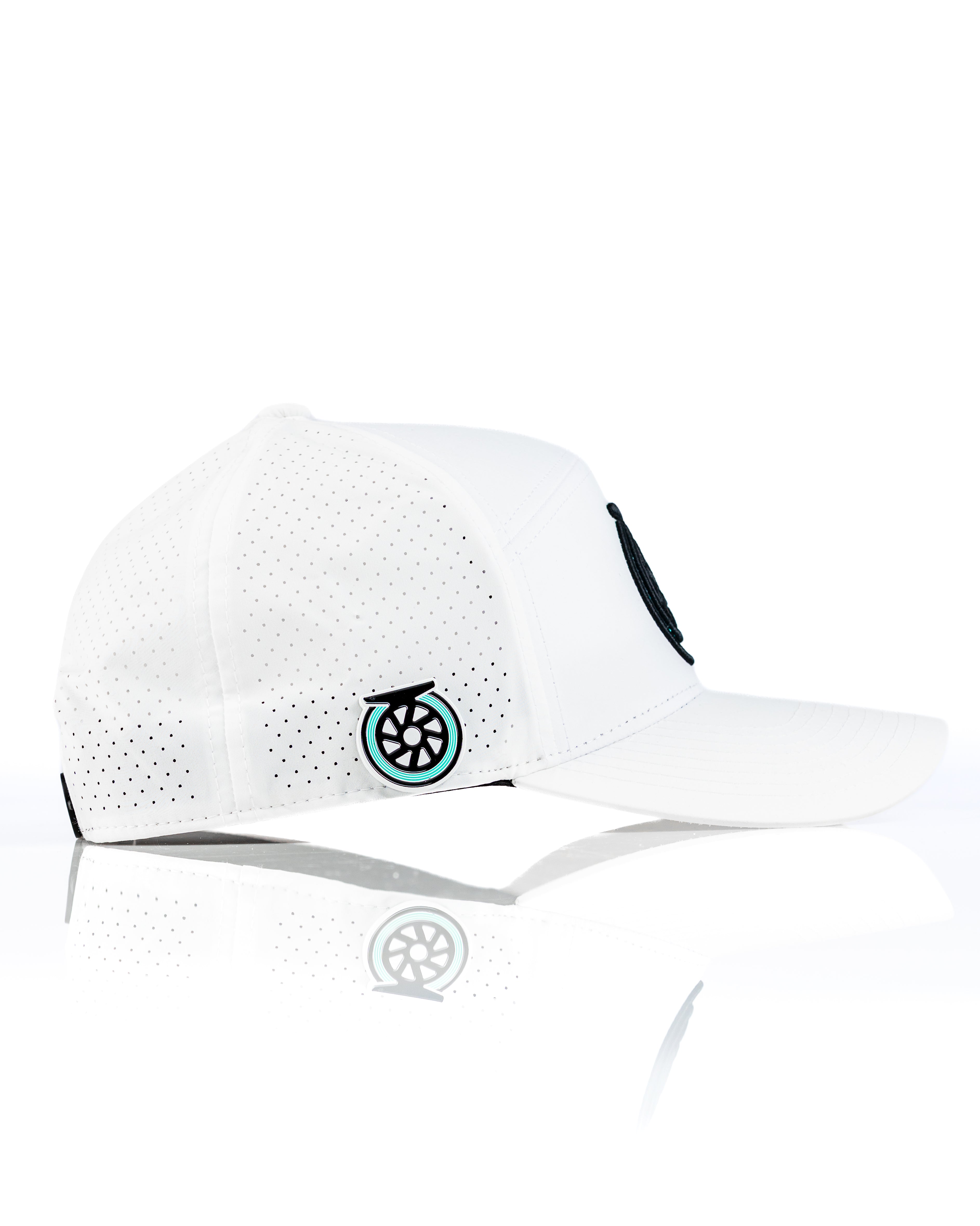 White Tradesman Hat featuring a black logo and perforated design for breathability, perfect for stylish golfers.