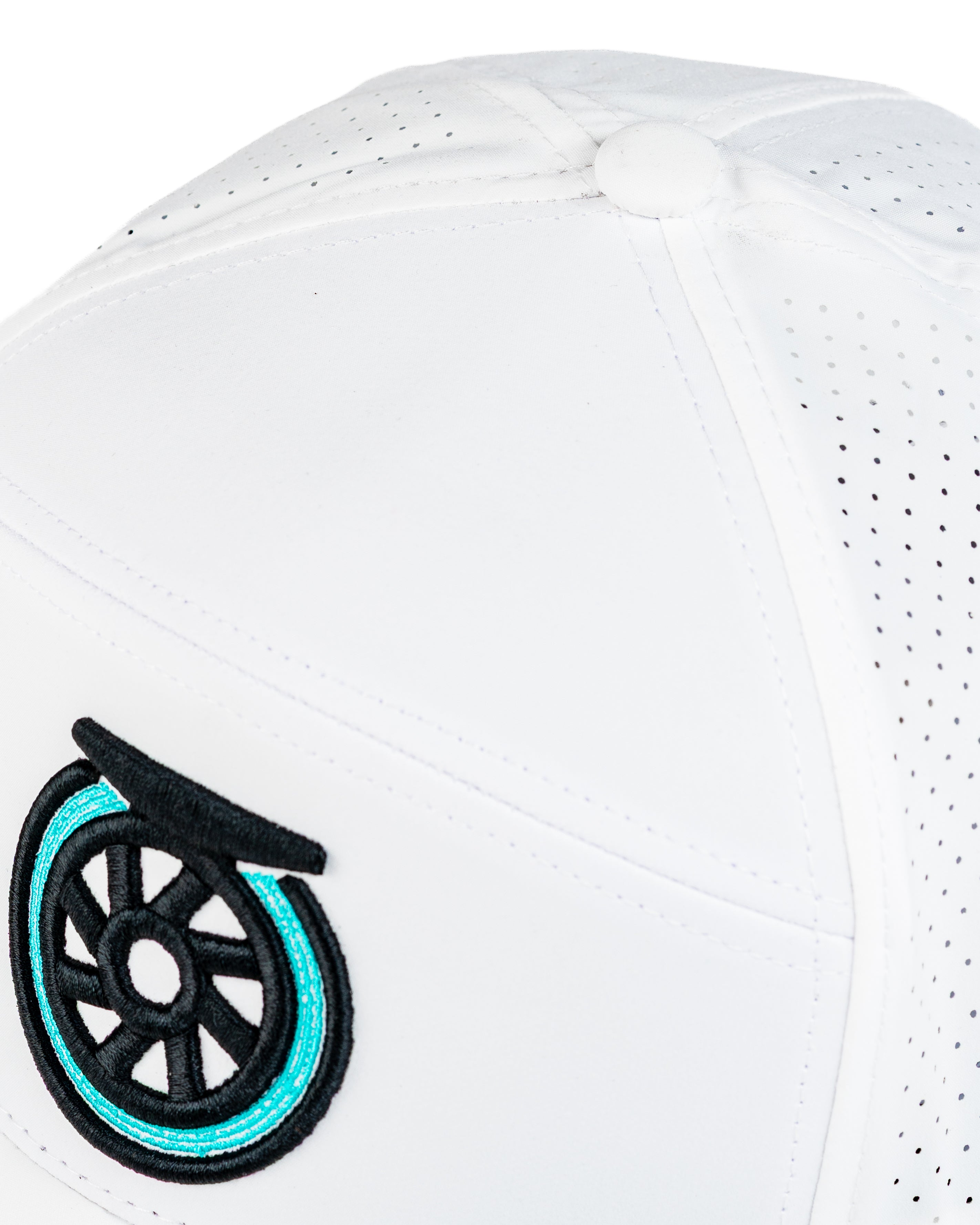 White Tradesman Hat featuring a bold reel design embroidered on the front, perfect for stylish golfers.
