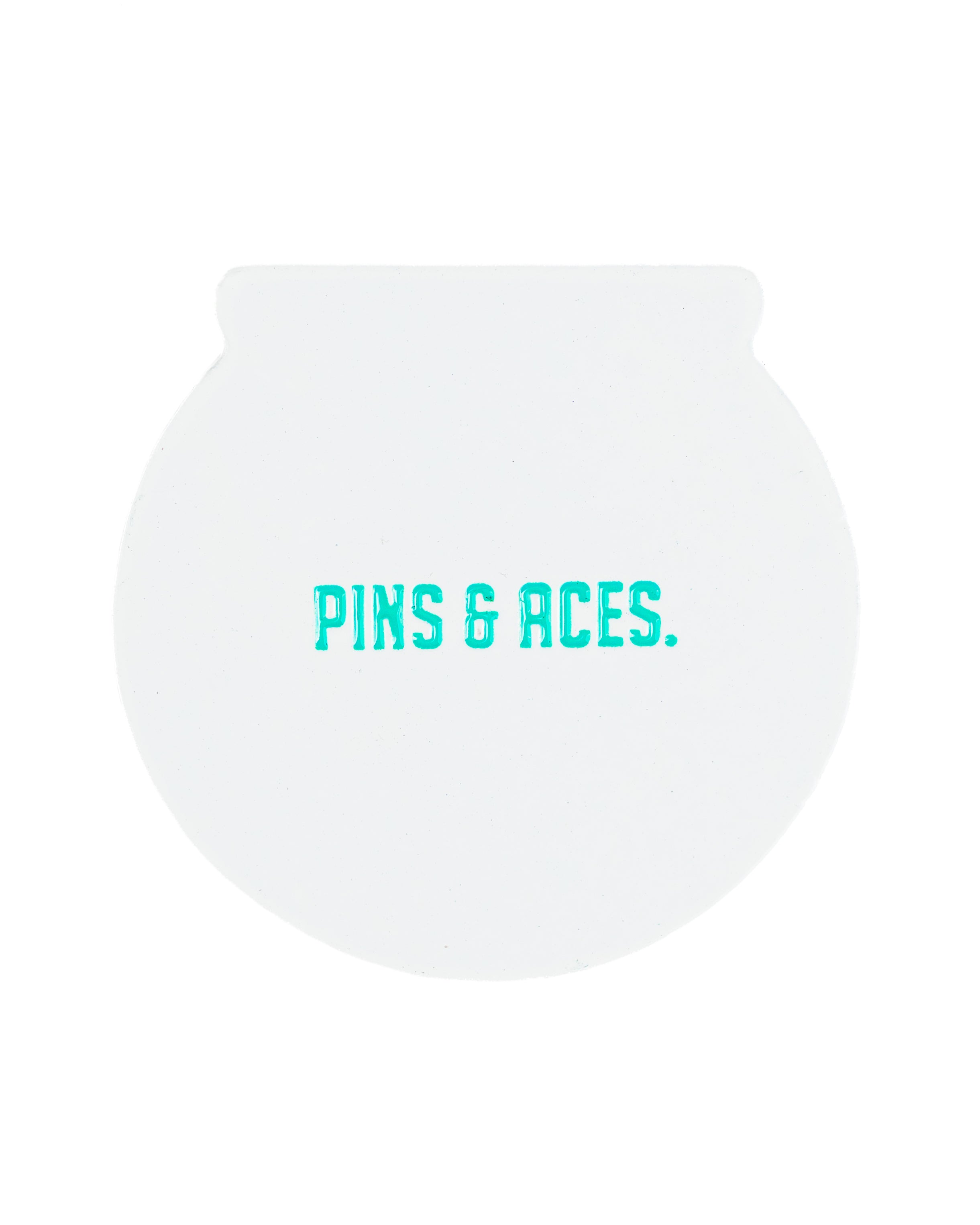 White Tradesman Hat with "Pins & Aces" logo in teal, designed for golfers seeking bold and stylish headwear.