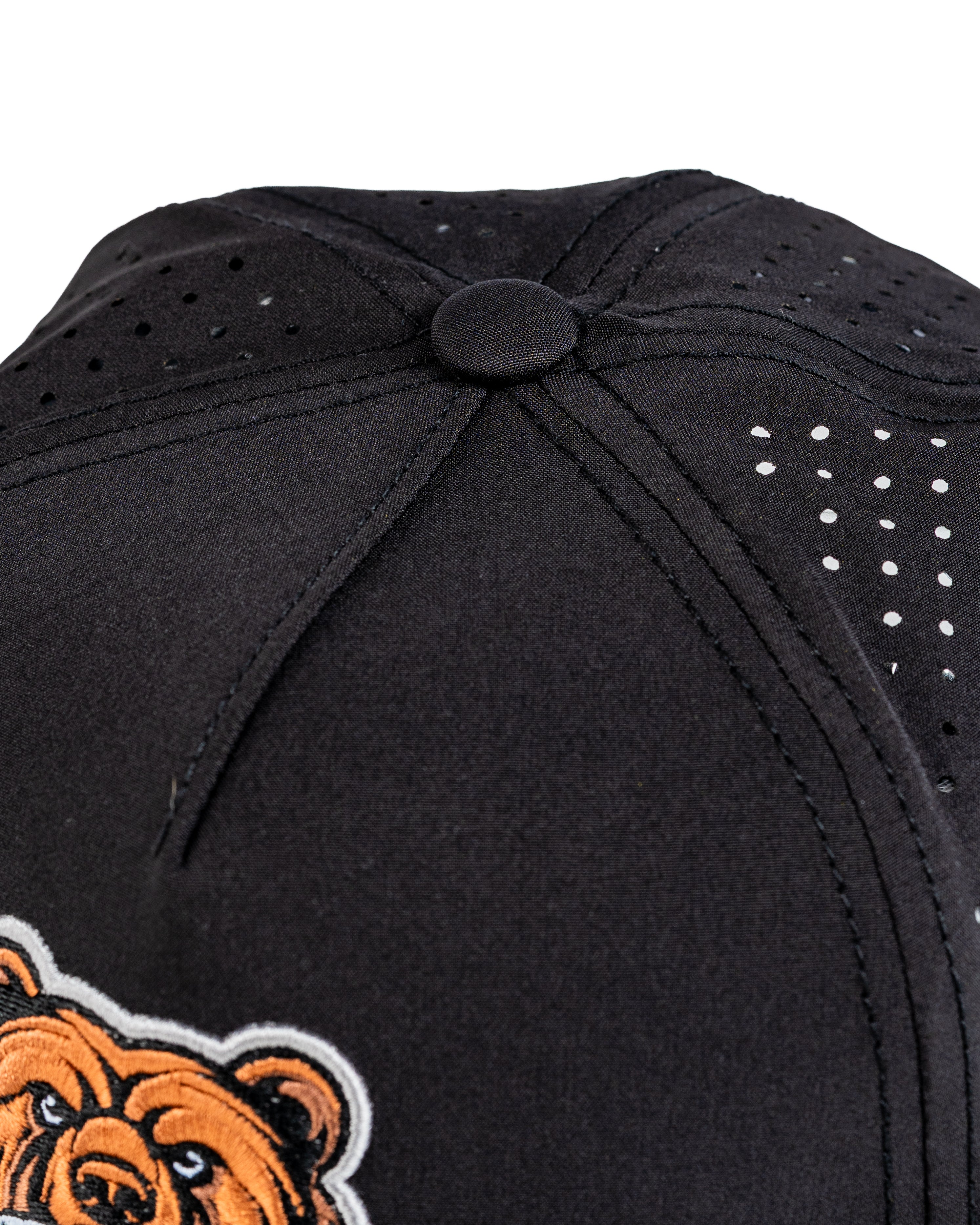 Black perforated rope hat featuring a detailed grizzly bear embroidery on the front for bold golf style.