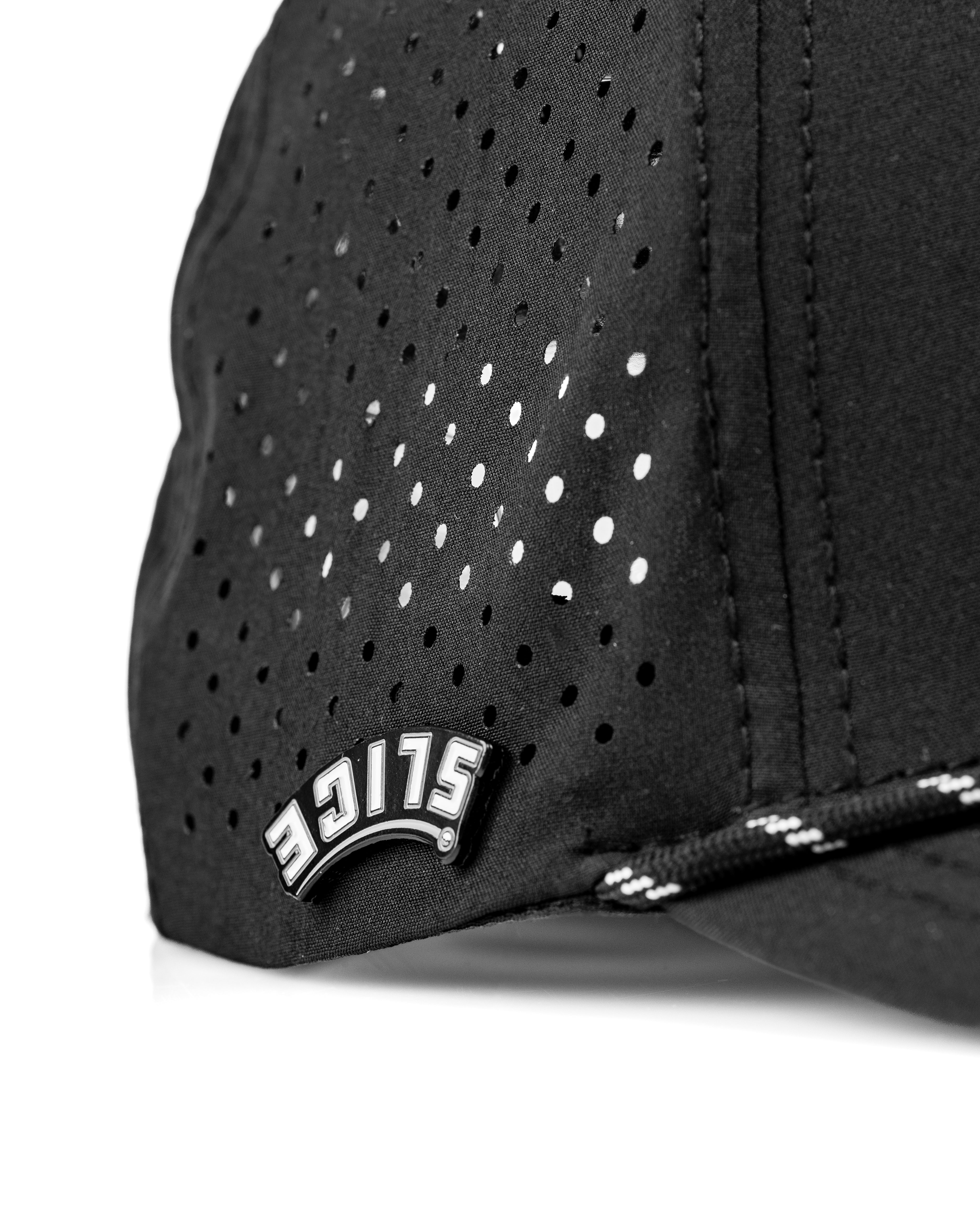 Perforated black rope hat featuring the Slice logo, designed for golfers seeking stylish and breathable headwear.