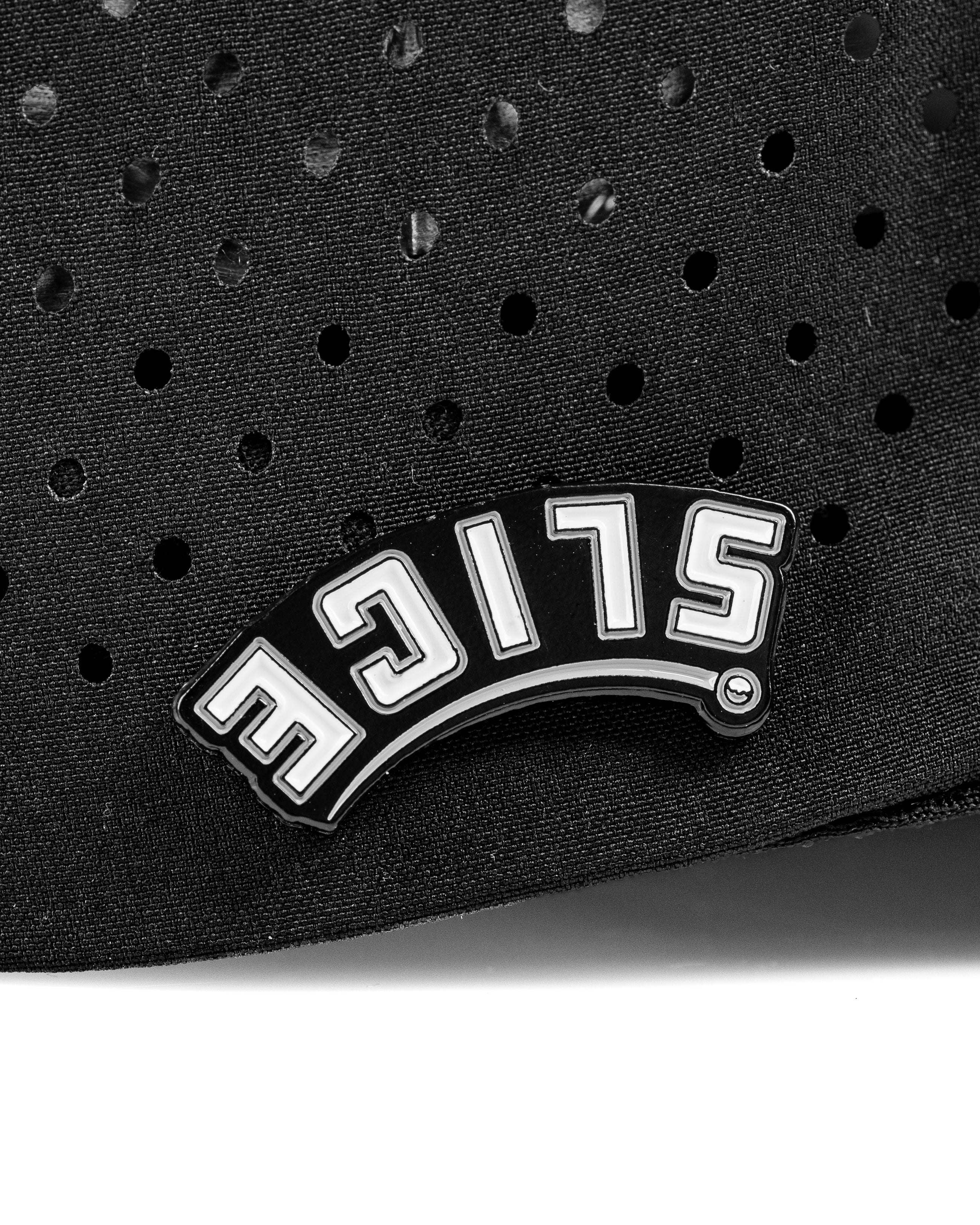 Perforated black rope hat featuring a bold "Slice" logo, designed for stylish golfers seeking standout accessories.