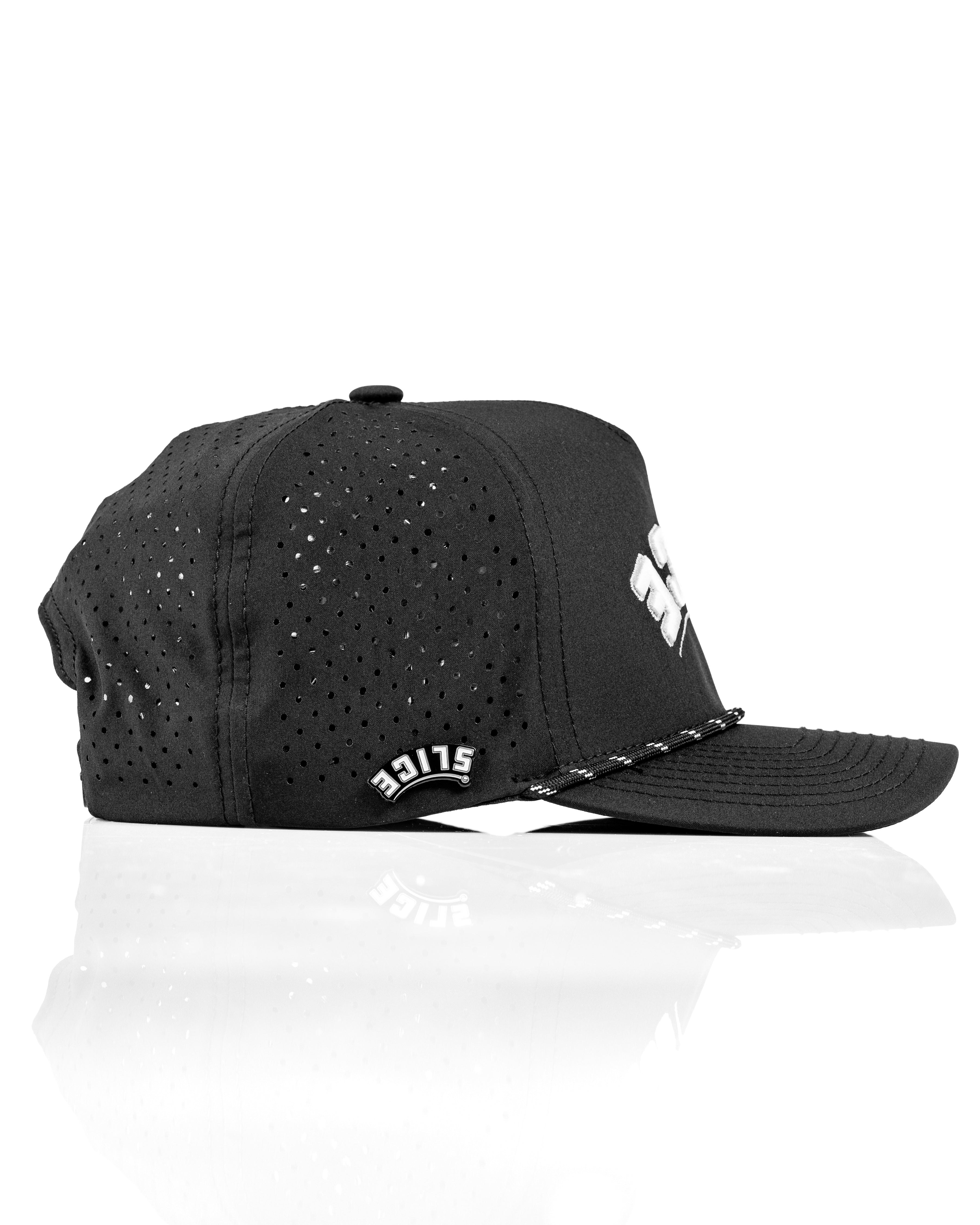 Perforated black rope hat with "Slice" logo, designed for golfers seeking stylish and breathable headwear.