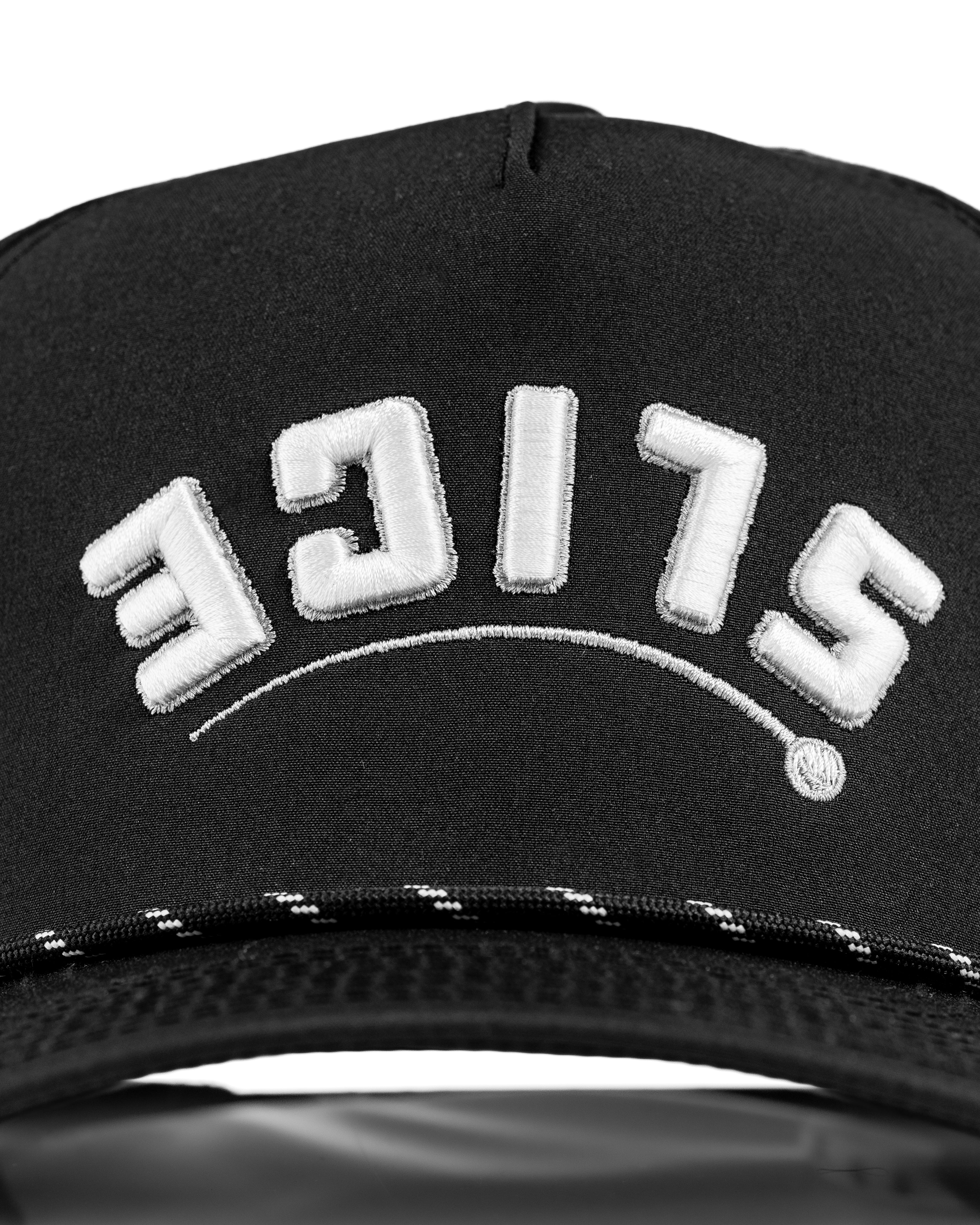Black perforated rope hat featuring bold "SLICE" embroidery on the front, perfect for stylish golfers.