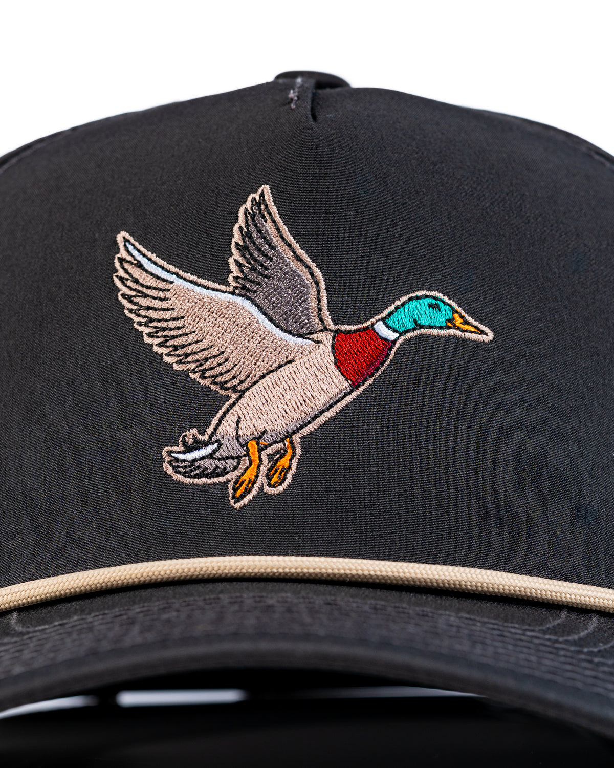 Perforated Rope Hat in black featuring a detailed embroidered mallard duck in flight on the front.
