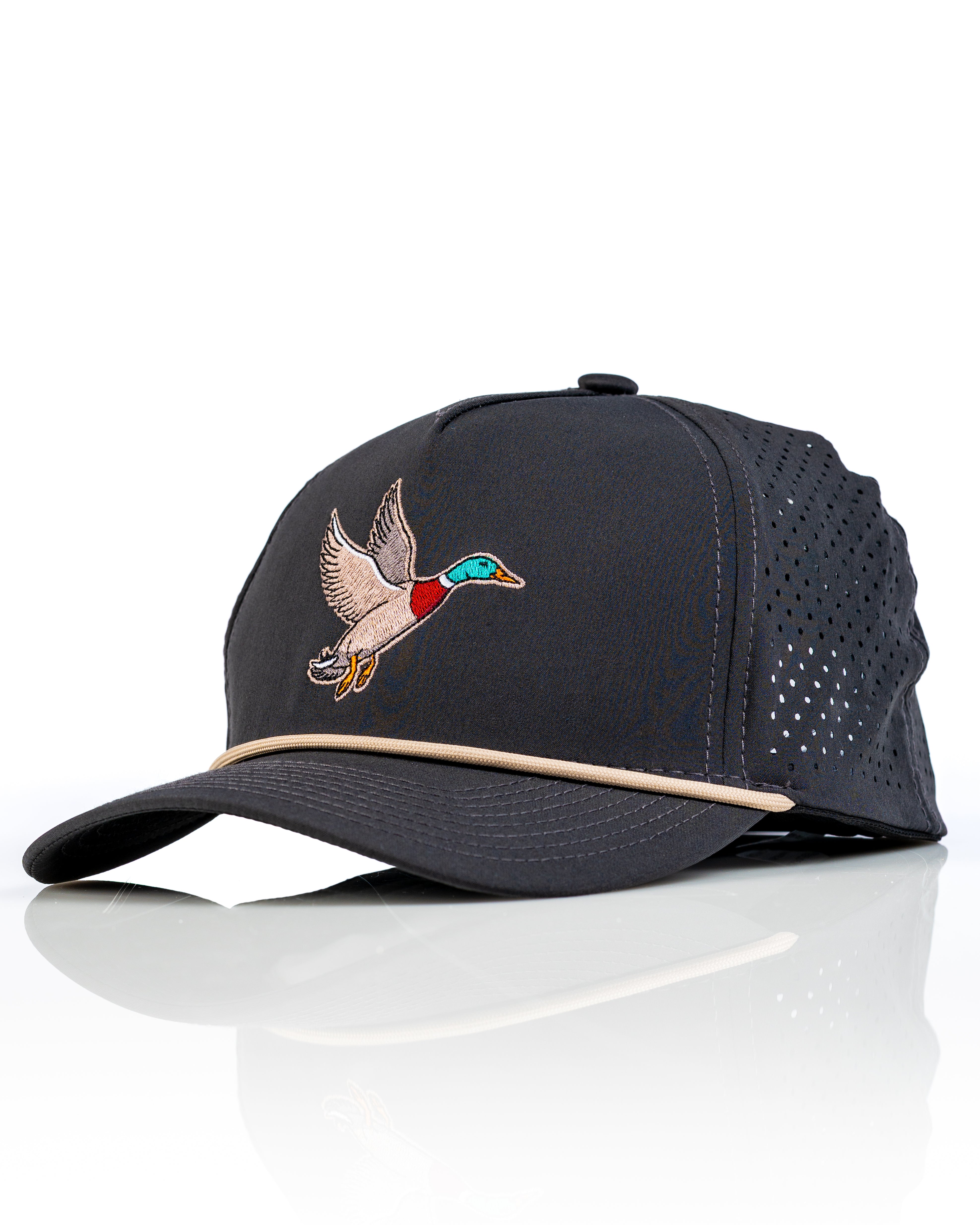 Perforated Rope Hat in Mallard features a stylish duck embroidery and breathable design for golfers seeking unique flair.