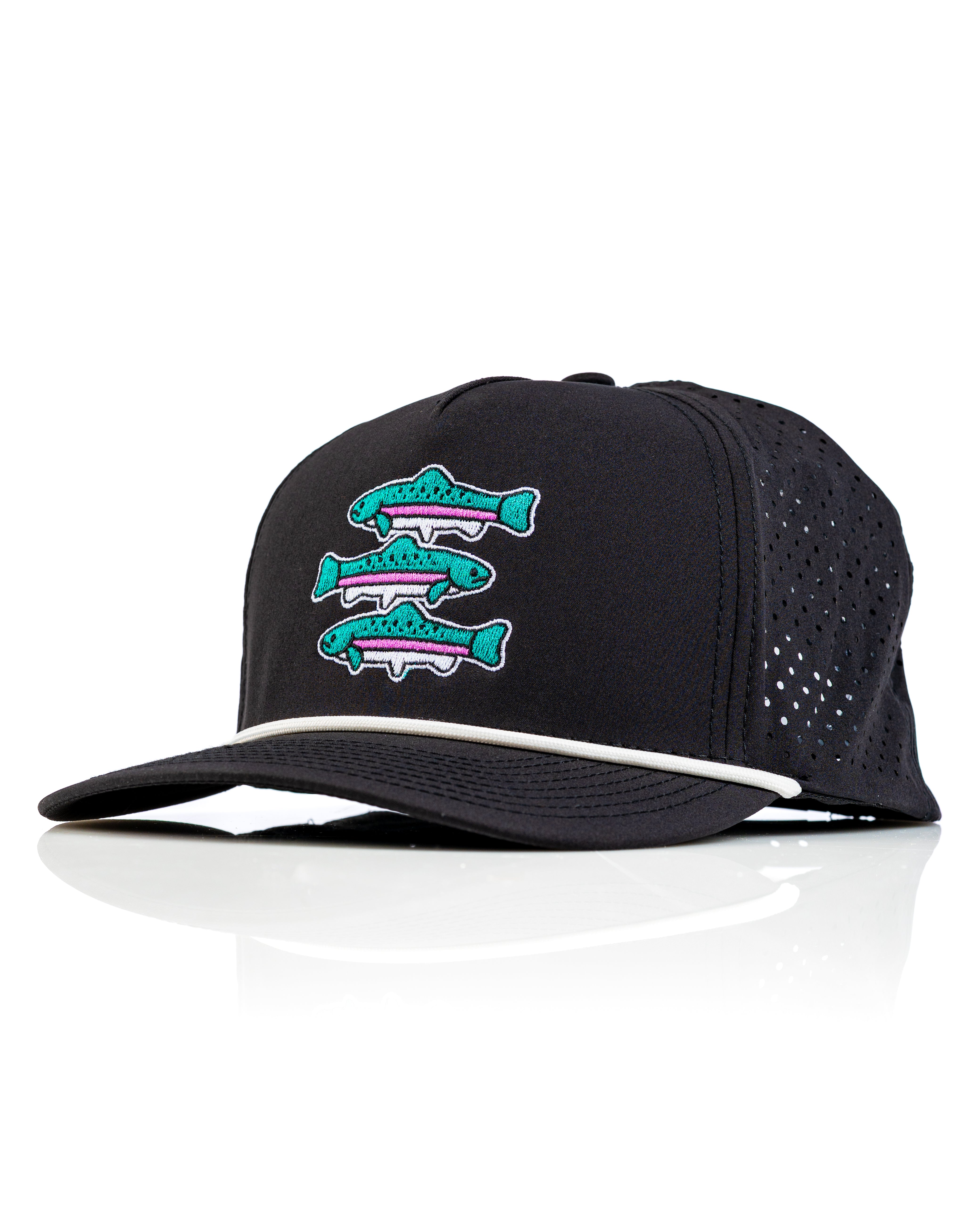 Perforated black rope hat featuring three colorful fish embroidered on the front, perfect for stylish golfers.