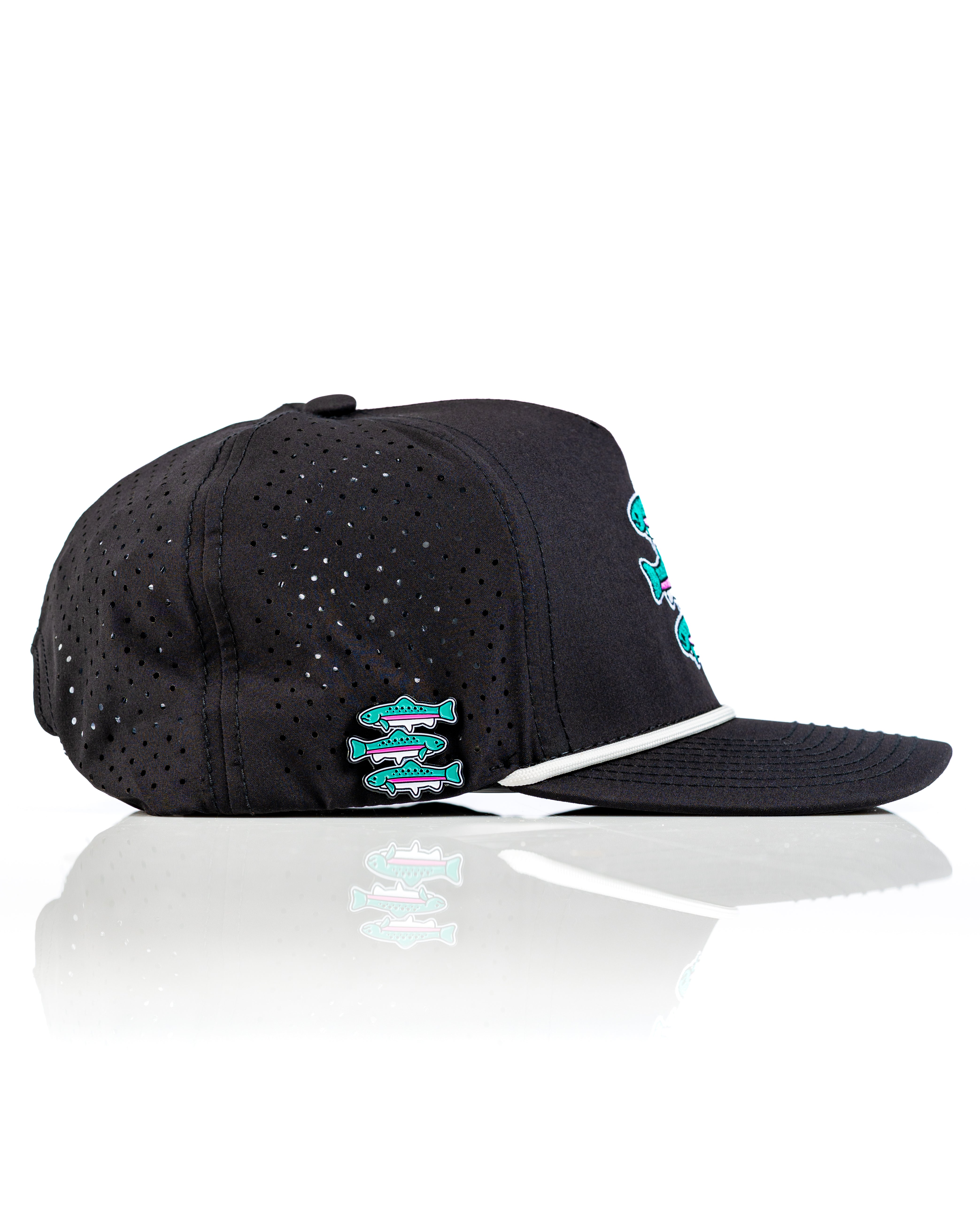 Perforated black rope hat featuring colorful "Brookie" design and side logo, perfect for stylish golfers.