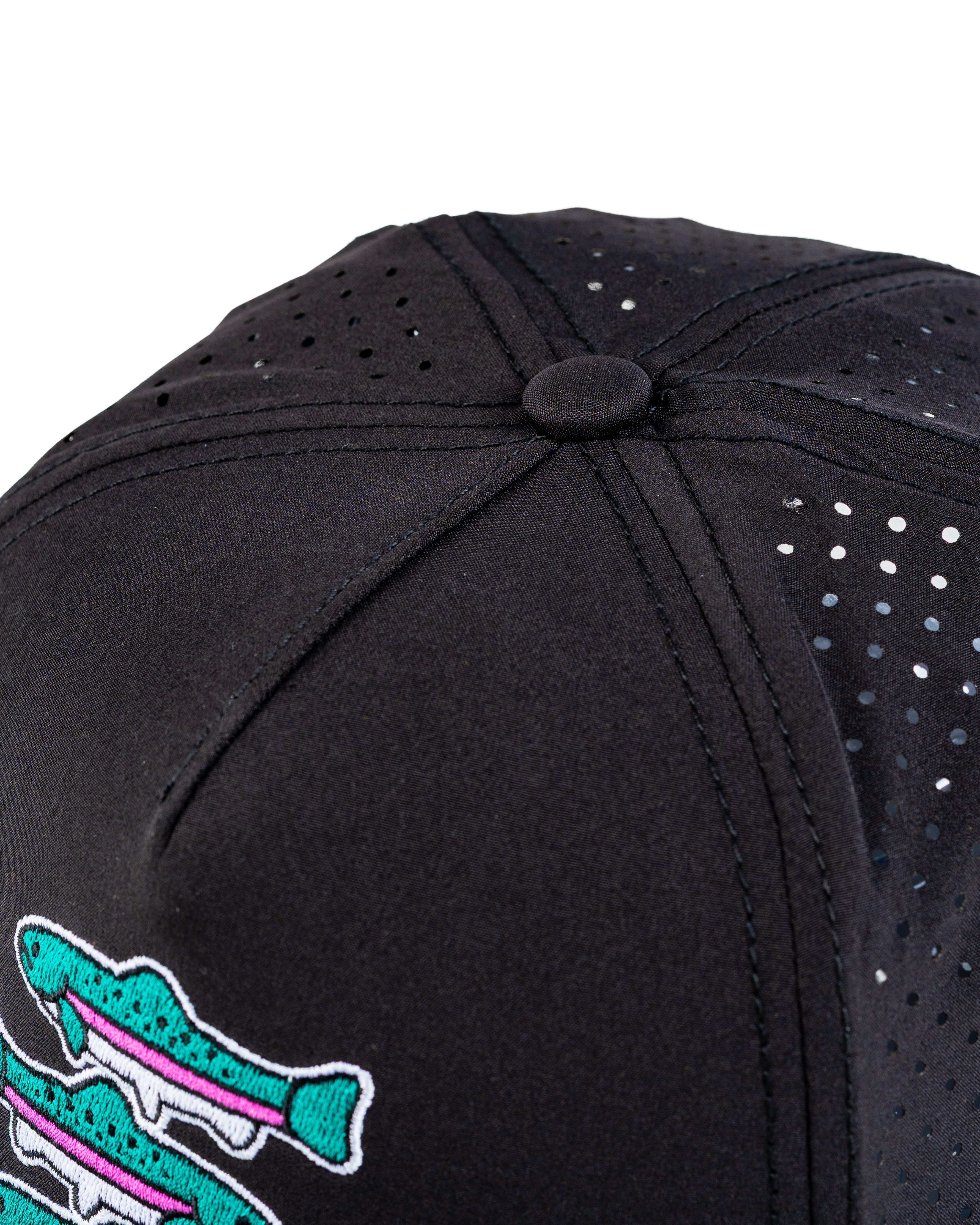 Perforated black rope hat featuring colorful fish embroidery, designed for stylish golfers seeking unique accessories.