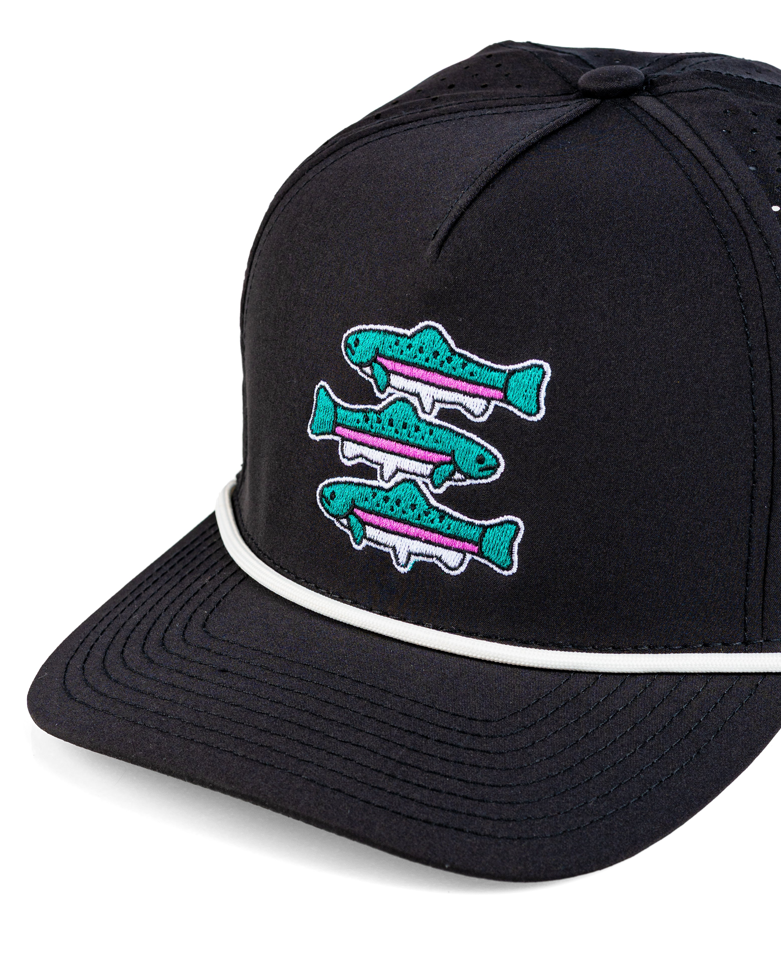 Black perforated rope hat featuring colorful embroidered fish design, perfect for stylish golfers who love the outdoors.