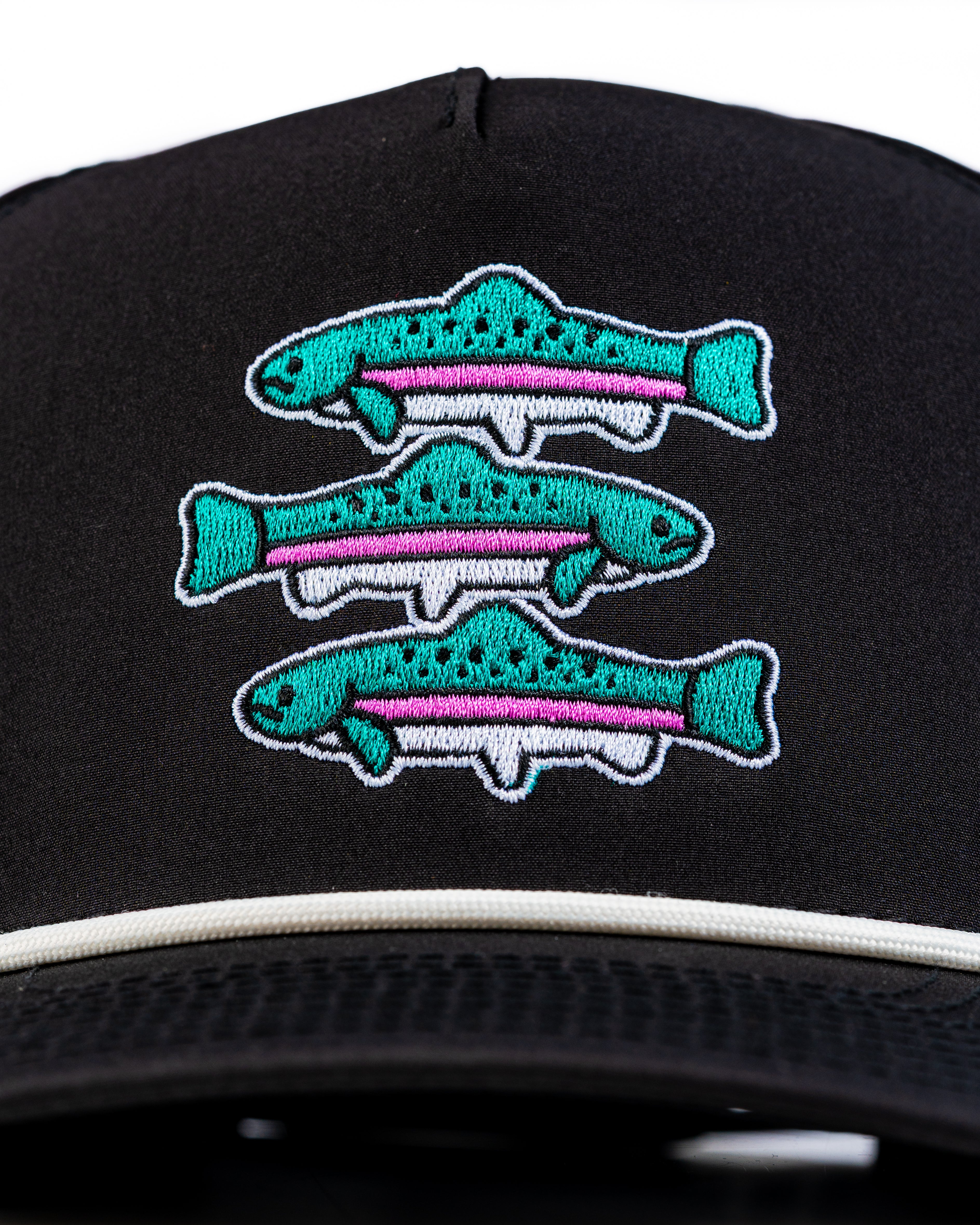 Perforated Rope Hat featuring three embroidered fish designs in vibrant colors, perfect for stylish golfers.