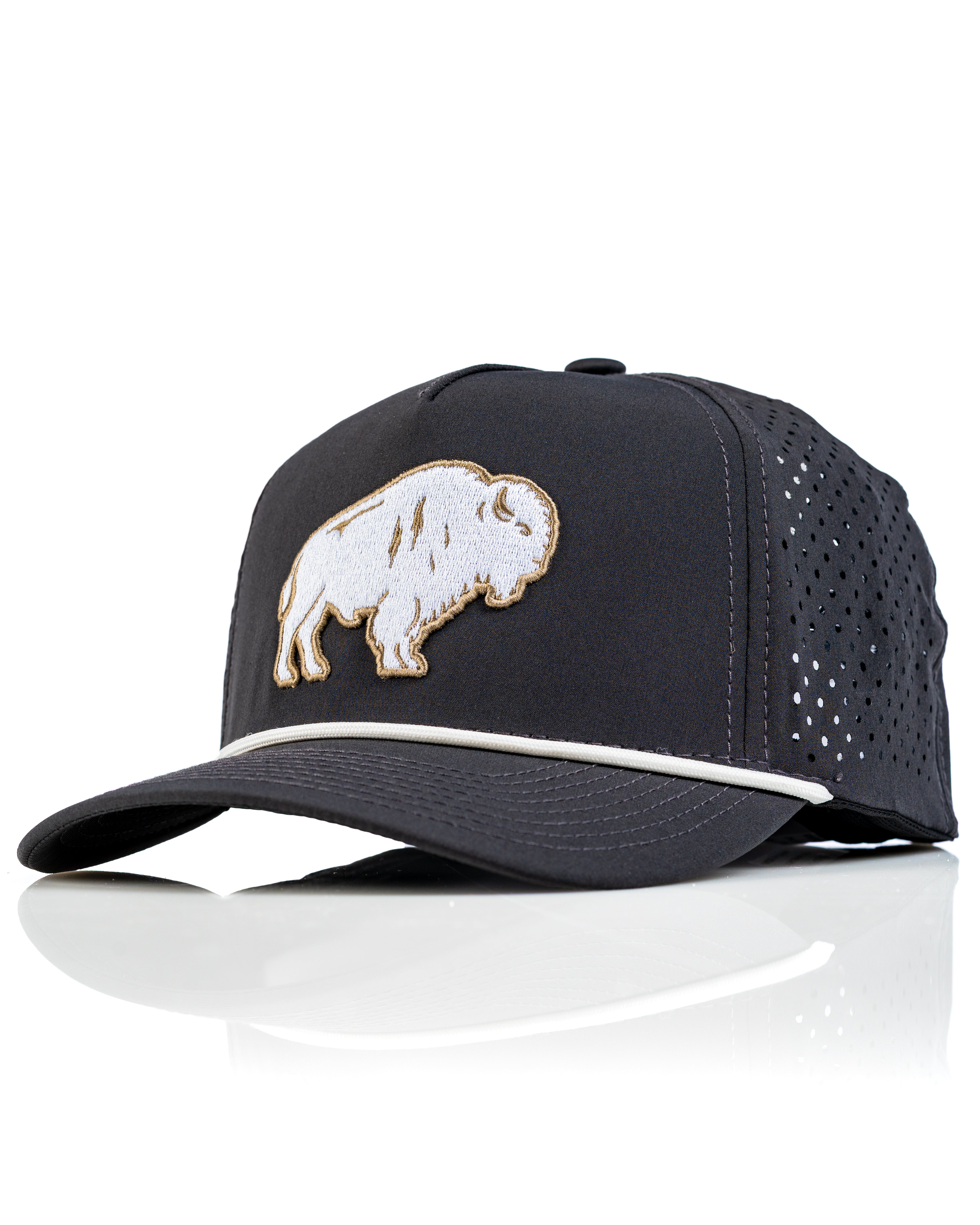 Perforated Rope Hat featuring a Great White Buffalo design, ideal for stylish golfers seeking standout accessories.