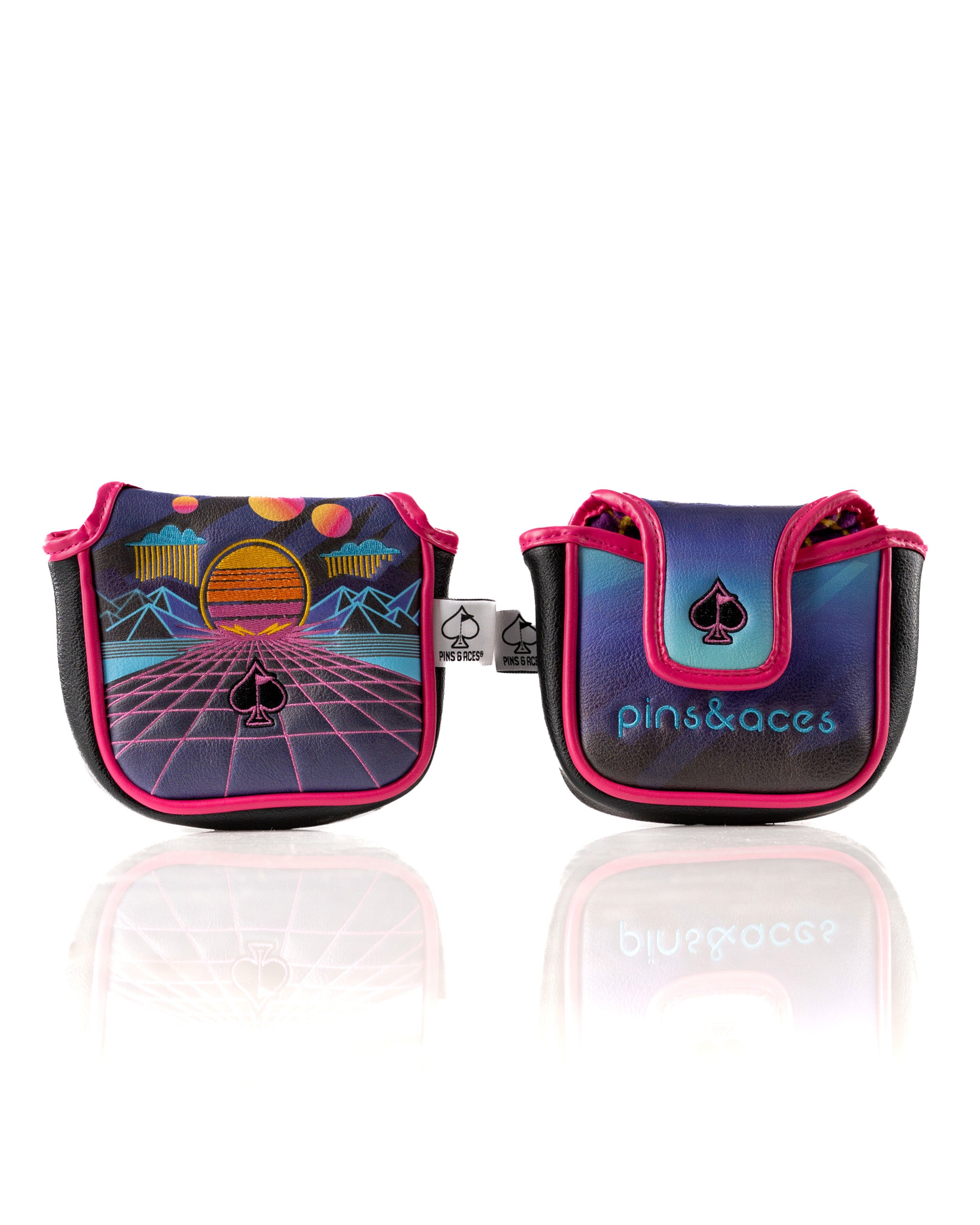 Bold Synthwave mallet putter cover featuring vibrant retro graphics and a sleek design, perfect for stylish golfers.