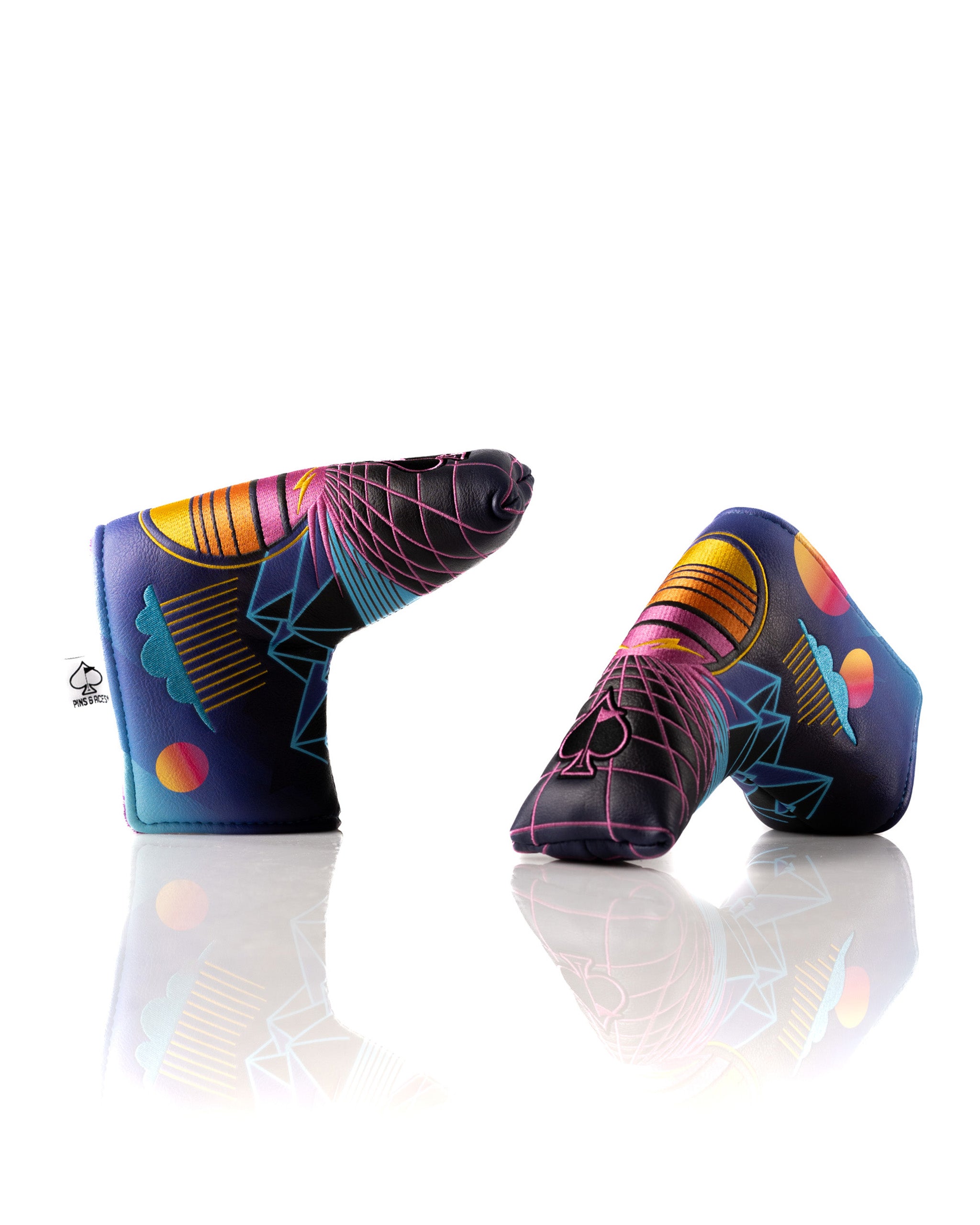 Bold Synthwave Blade Putter Cover featuring vibrant neon graphics and geometric designs, perfect for stylish golfers.