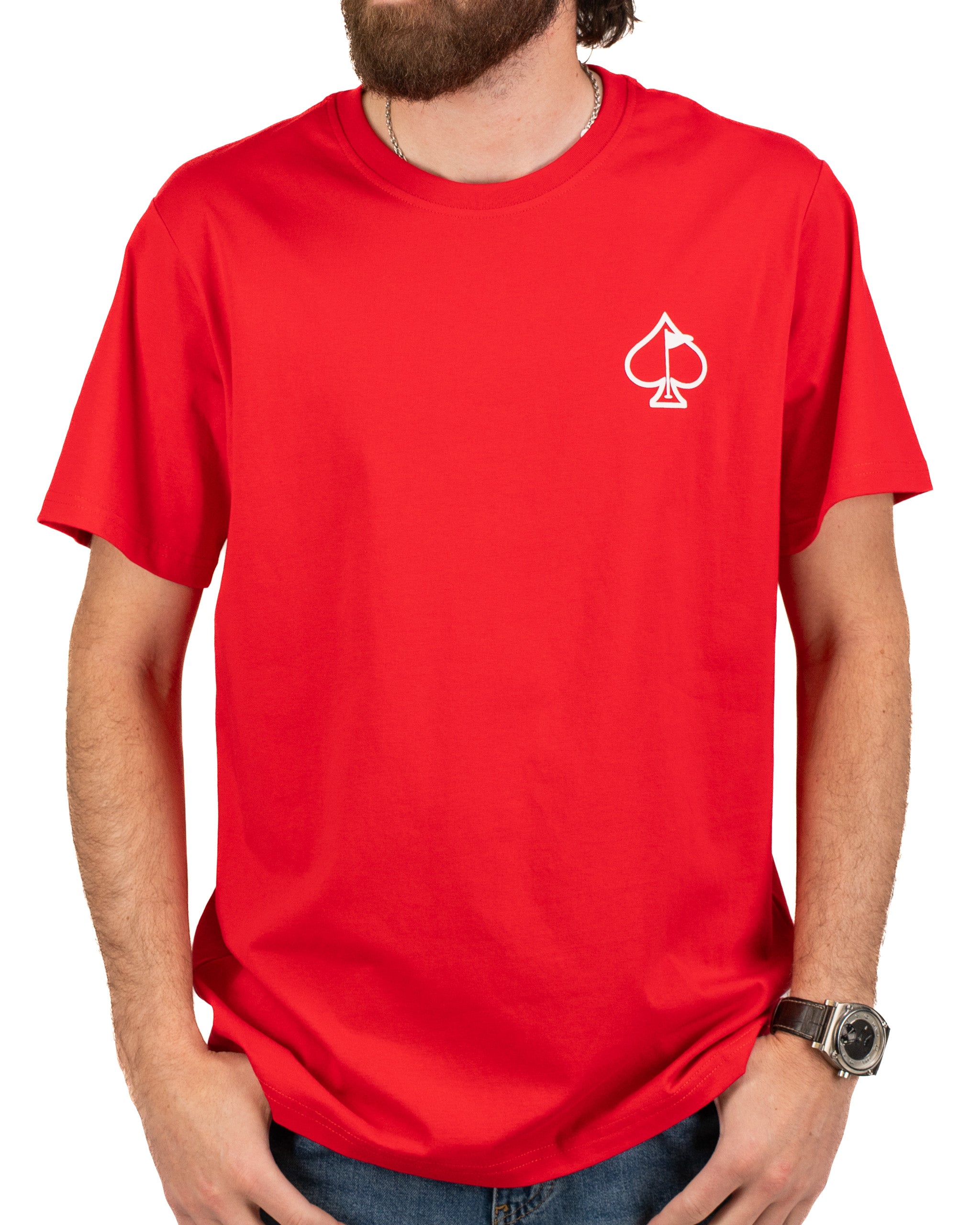 Bold red tee shirt featuring a white spade logo, perfect for making a statement on and off the golf course.