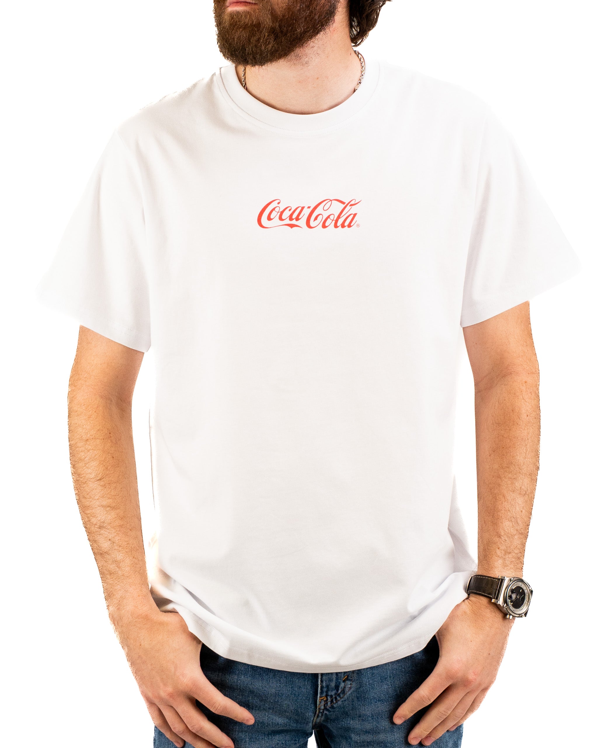 White Coca-Cola tee shirt featuring the classic logo, perfect for casual wear and showcasing a timeless brand.