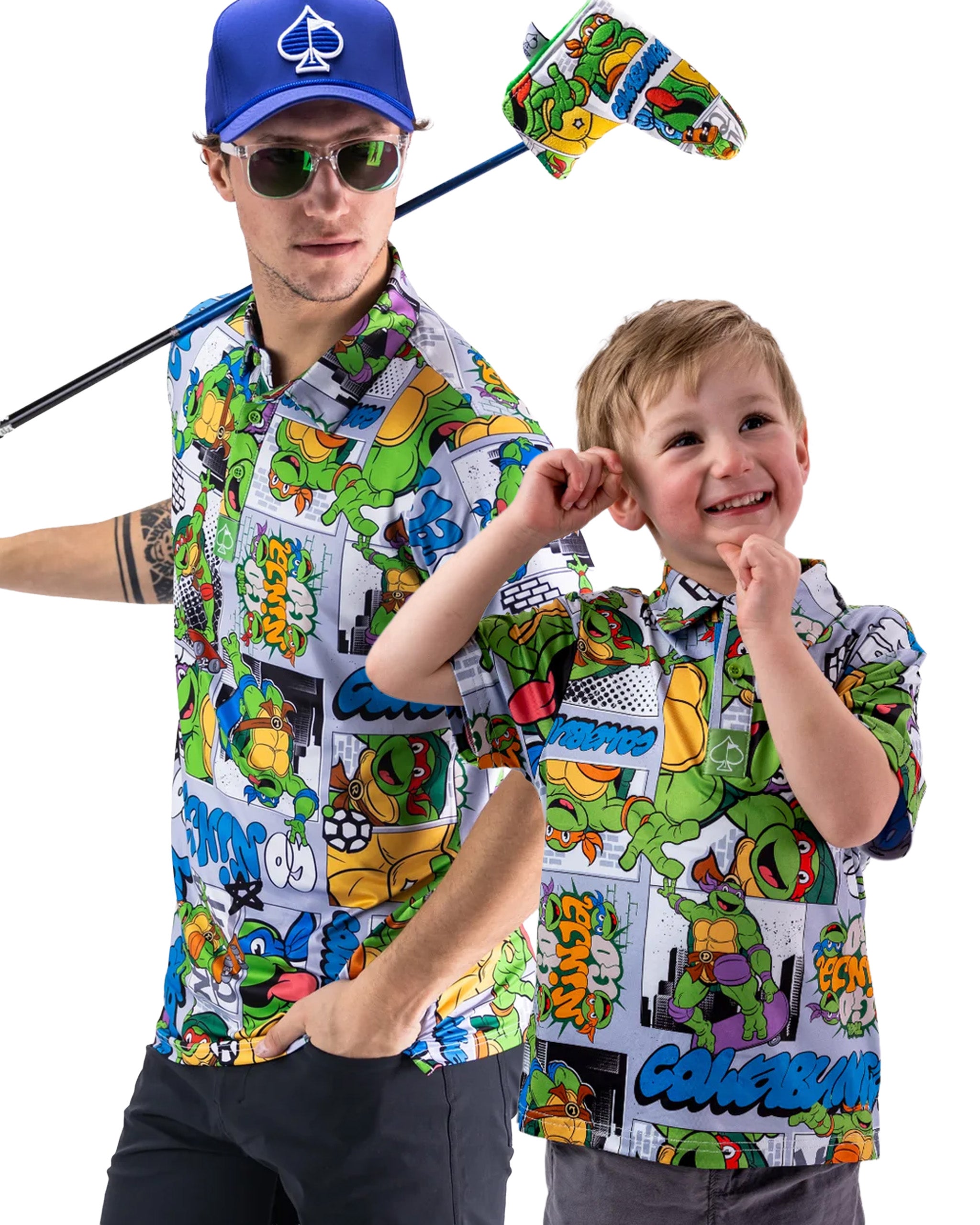 Father and son wear matching TMNT comic strip polos, showcasing vibrant graphics and playful designs perfect for golf outings.