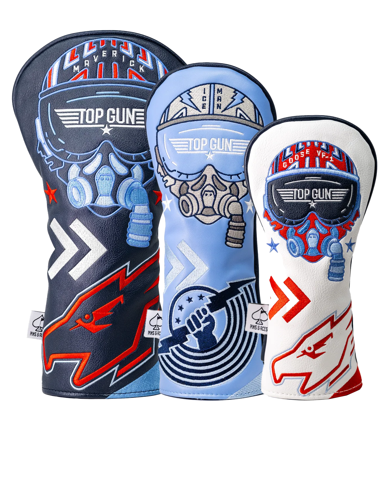 Bold Top Gun headcover set featuring unique designs inspired by aviation and iconic characters, perfect for standout golfers.
