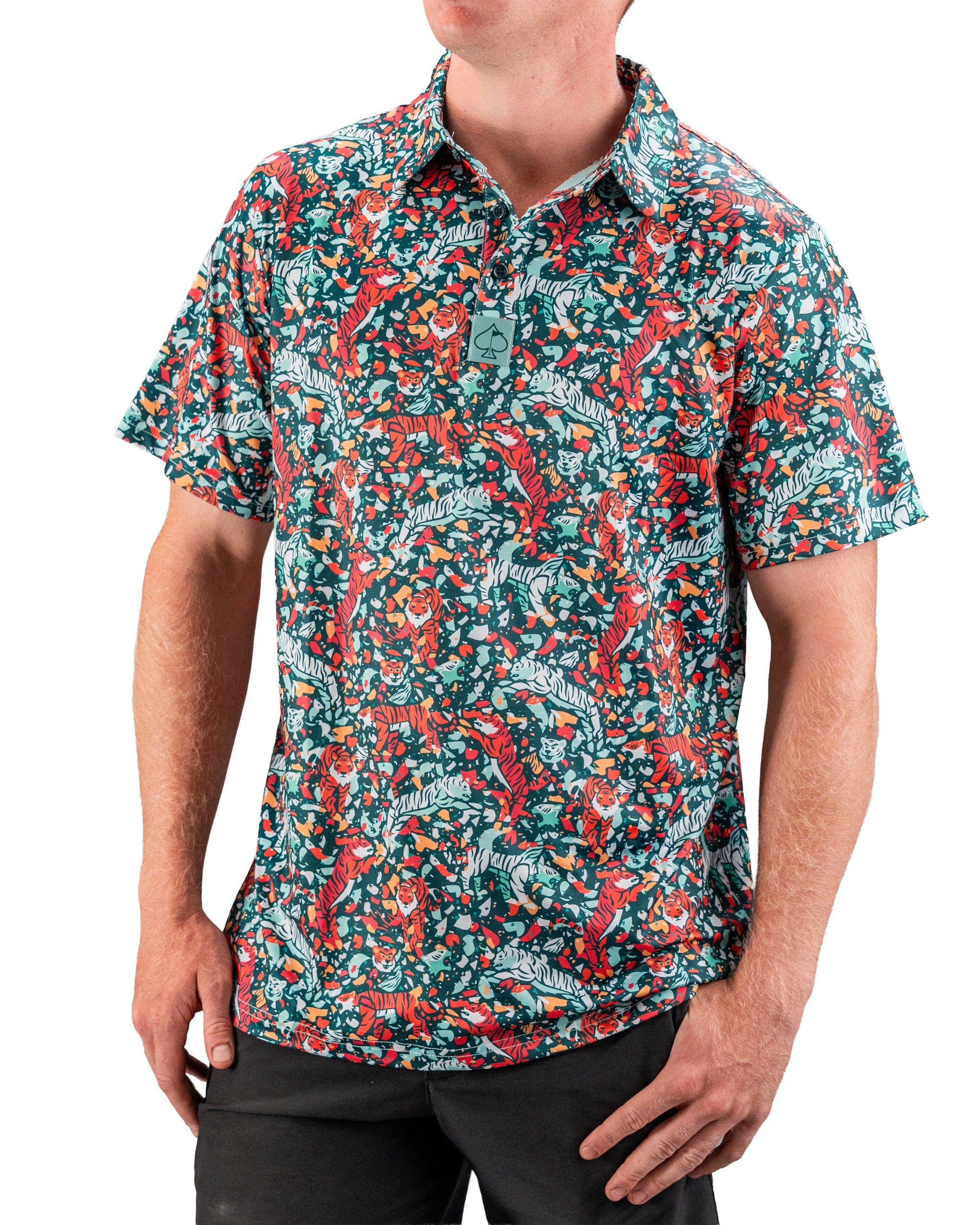 Bold teal golf shirt featuring a vibrant tiger and floral pattern, perfect for golfers looking to make a statement on the course.