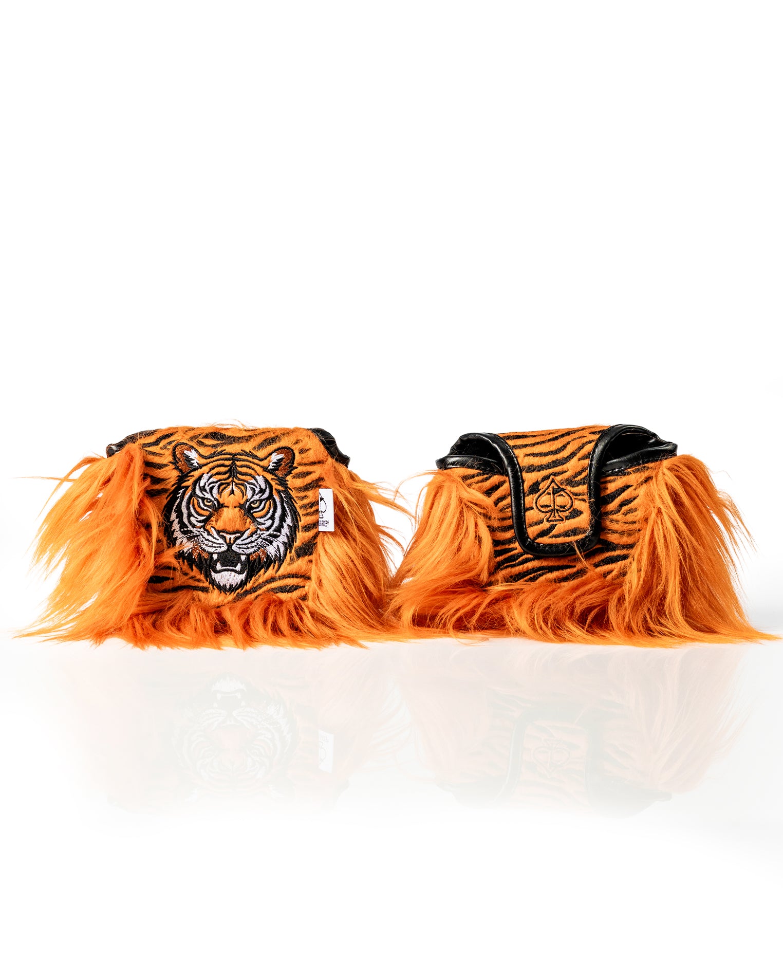 Bold orange mallet putter cover featuring a fierce tiger design and playful fur accents for standout style on the golf course.