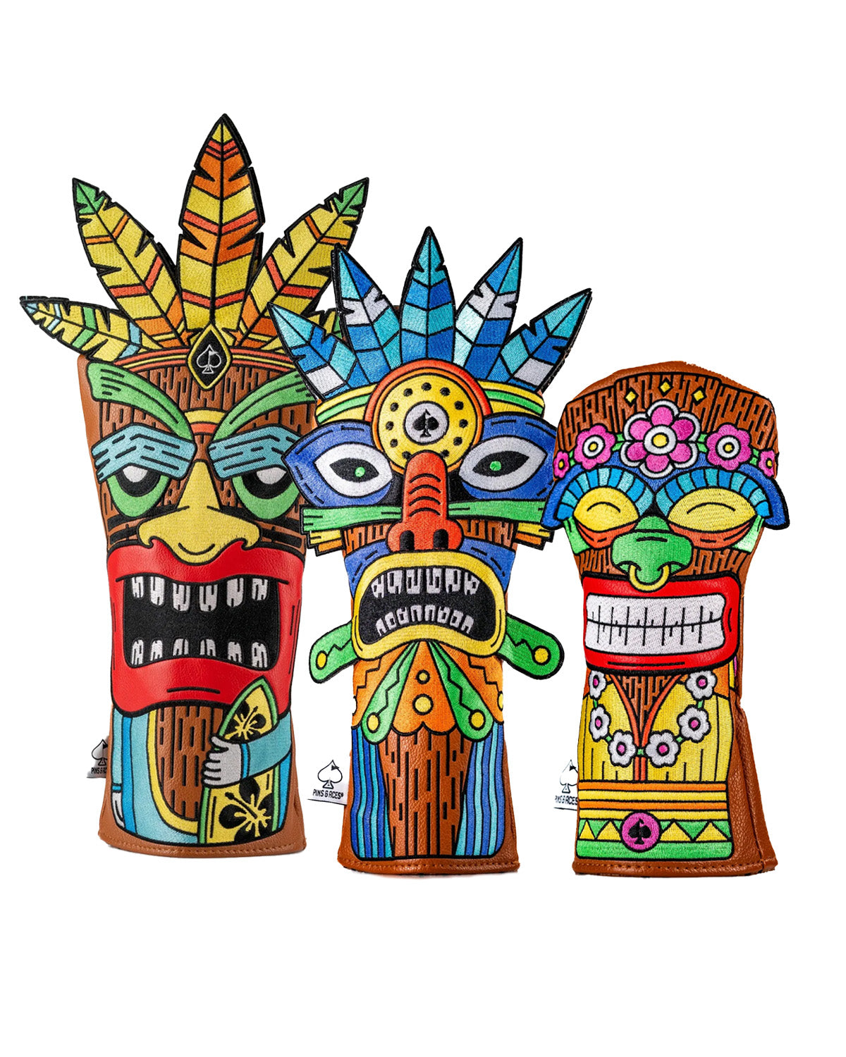 Colorful Tiki headcover set featuring three unique designs with vibrant patterns, perfect for adding flair to golf clubs.
