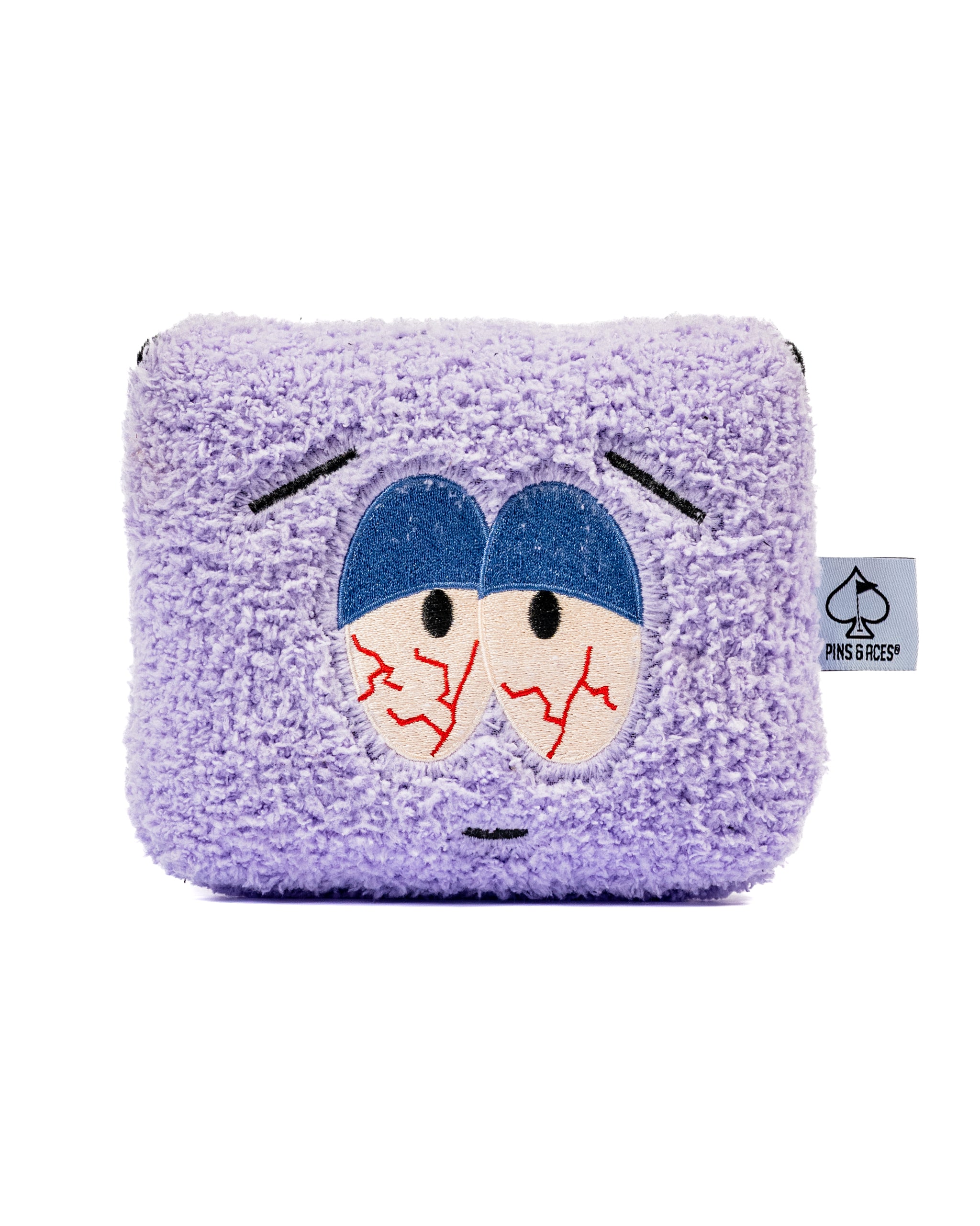 South Park Towelie center shaft mallet putter cover in purple with embroidered eyes, featuring a soft, textured design.